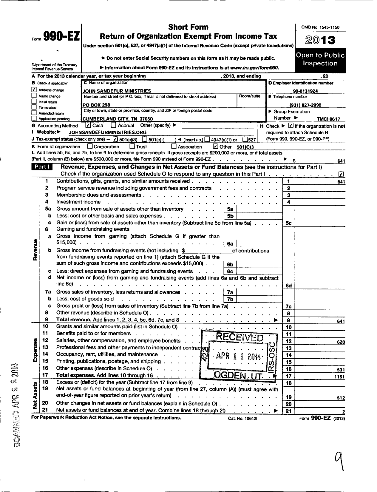 Image of first page of 2013 Form 990EZ for John Sanderfur Ministries