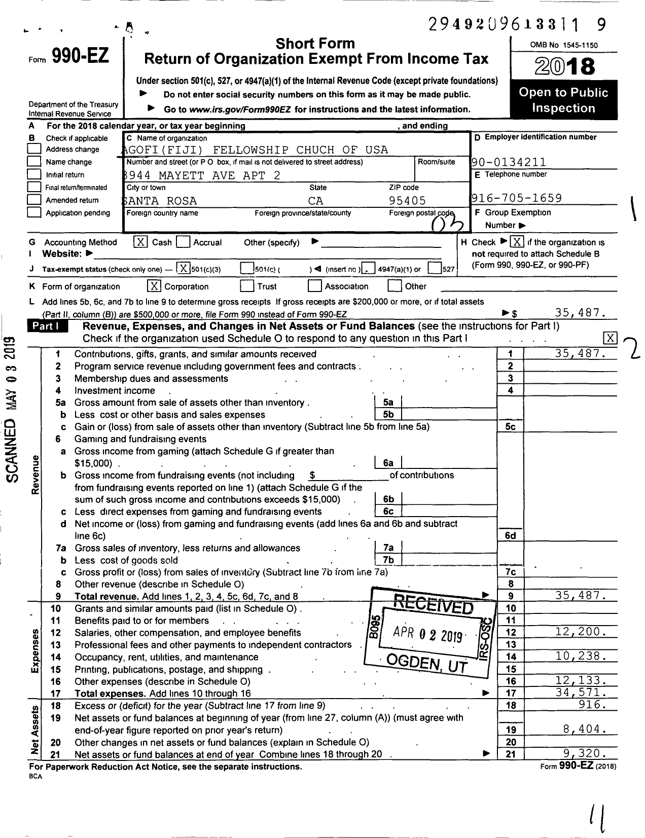 Image of first page of 2018 Form 990EZ for Agofi