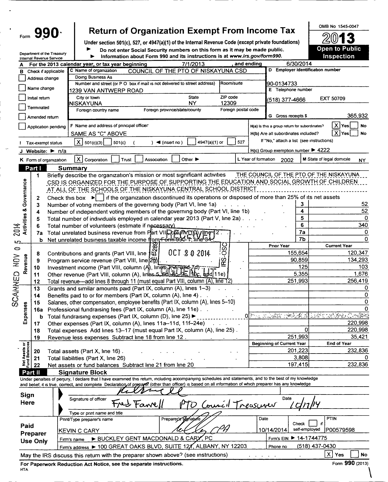 Image of first page of 2013 Form 990 for Pton Council of the Pto of Niskayuna CSD