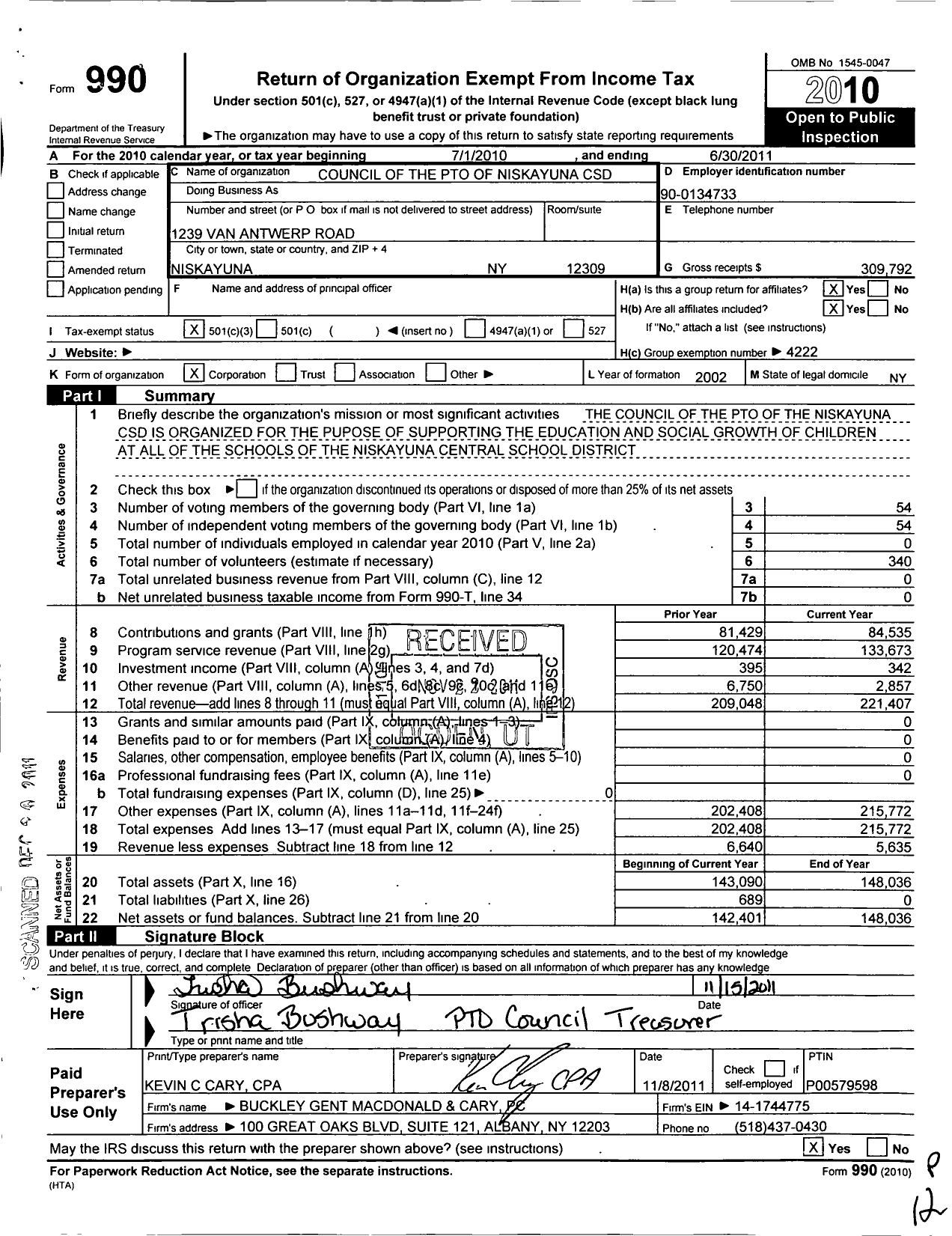 Image of first page of 2010 Form 990 for Pton Council of the Pto of Niskayuna CSD