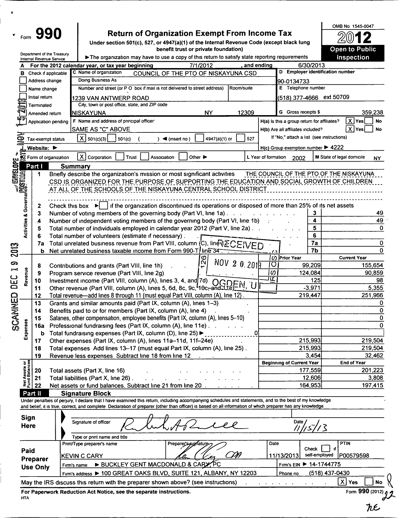 Image of first page of 2012 Form 990 for Pton Council of the Pto of Niskayuna CSD