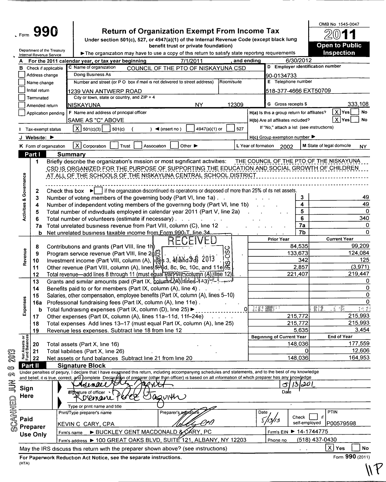 Image of first page of 2011 Form 990 for Pton Council of the Pto of Niskayuna CSD