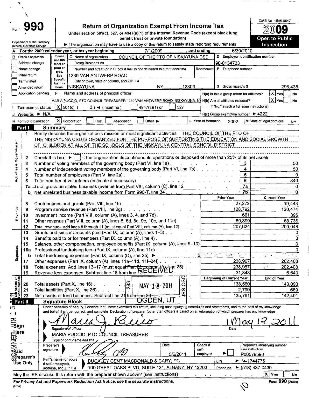 Image of first page of 2009 Form 990 for Pton Council of the Pto of Niskayuna CSD