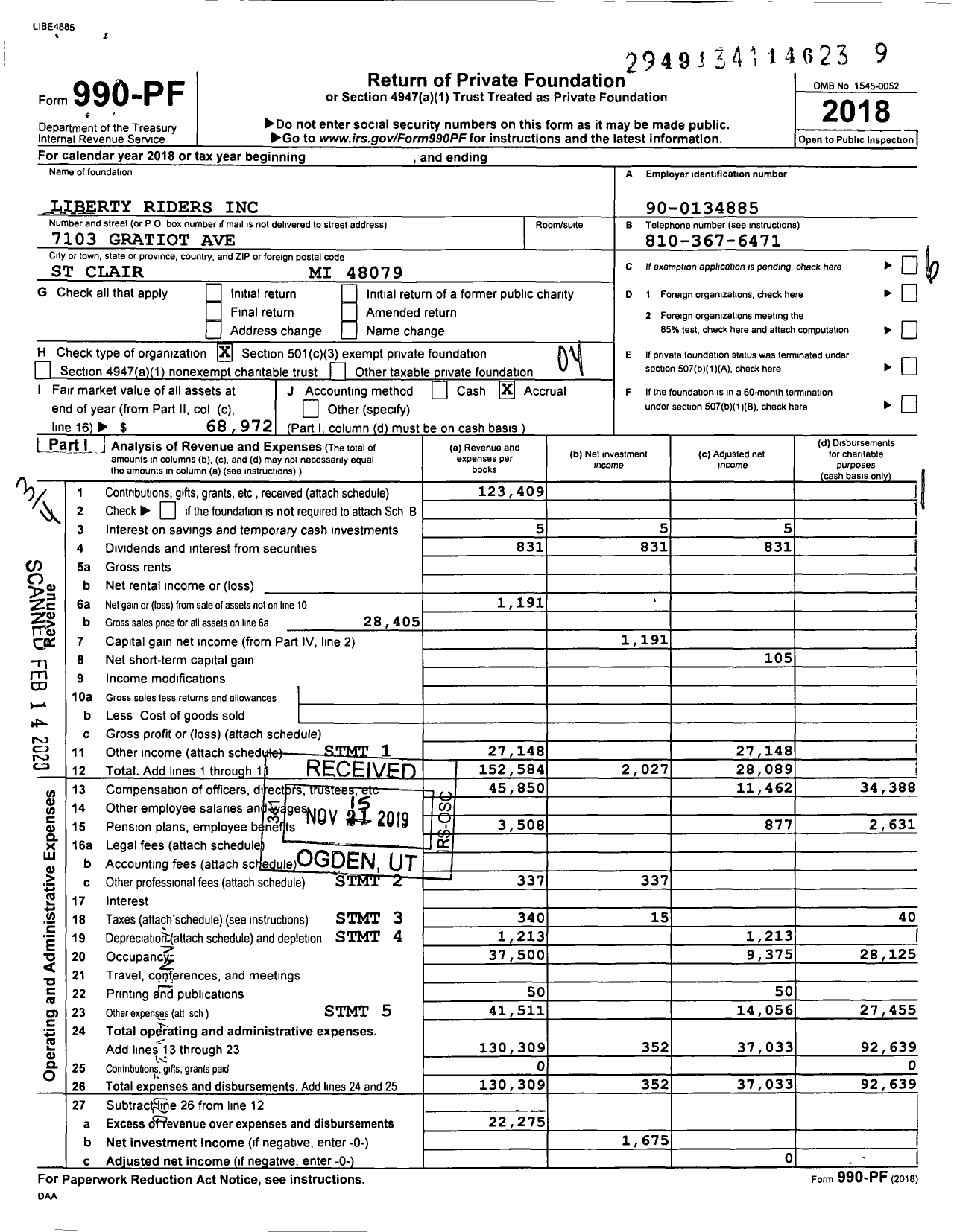 Image of first page of 2018 Form 990PF for Liberty Riders