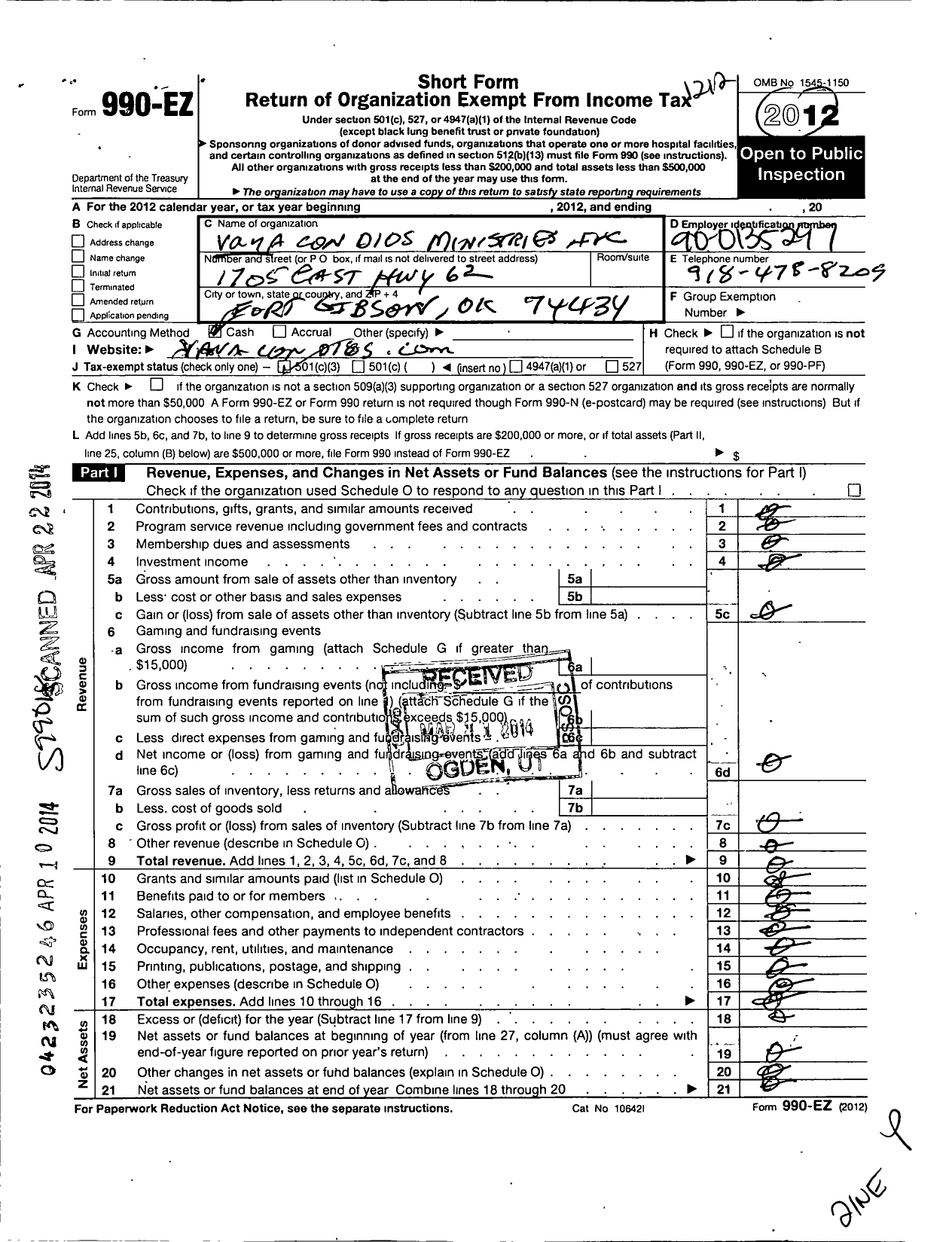 Image of first page of 2012 Form 990EZ for Vaya Con Dios