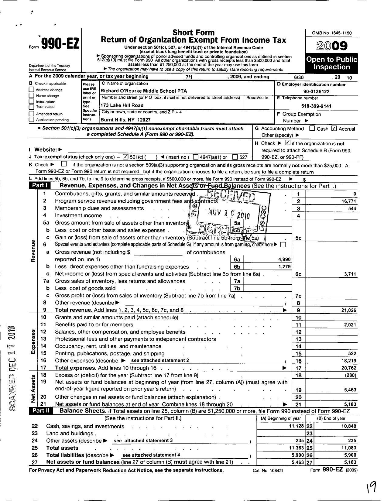 Image of first page of 2009 Form 990EO for New York State PTA - 12-303 Richard Orourke Middle SCHL
