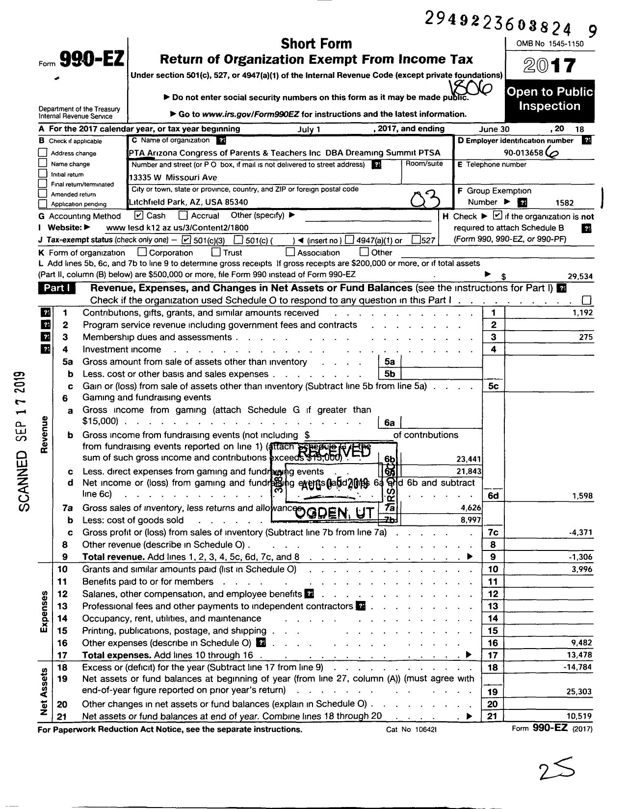 Image of first page of 2017 Form 990EZ for PTA Congress of Parents and Teachers