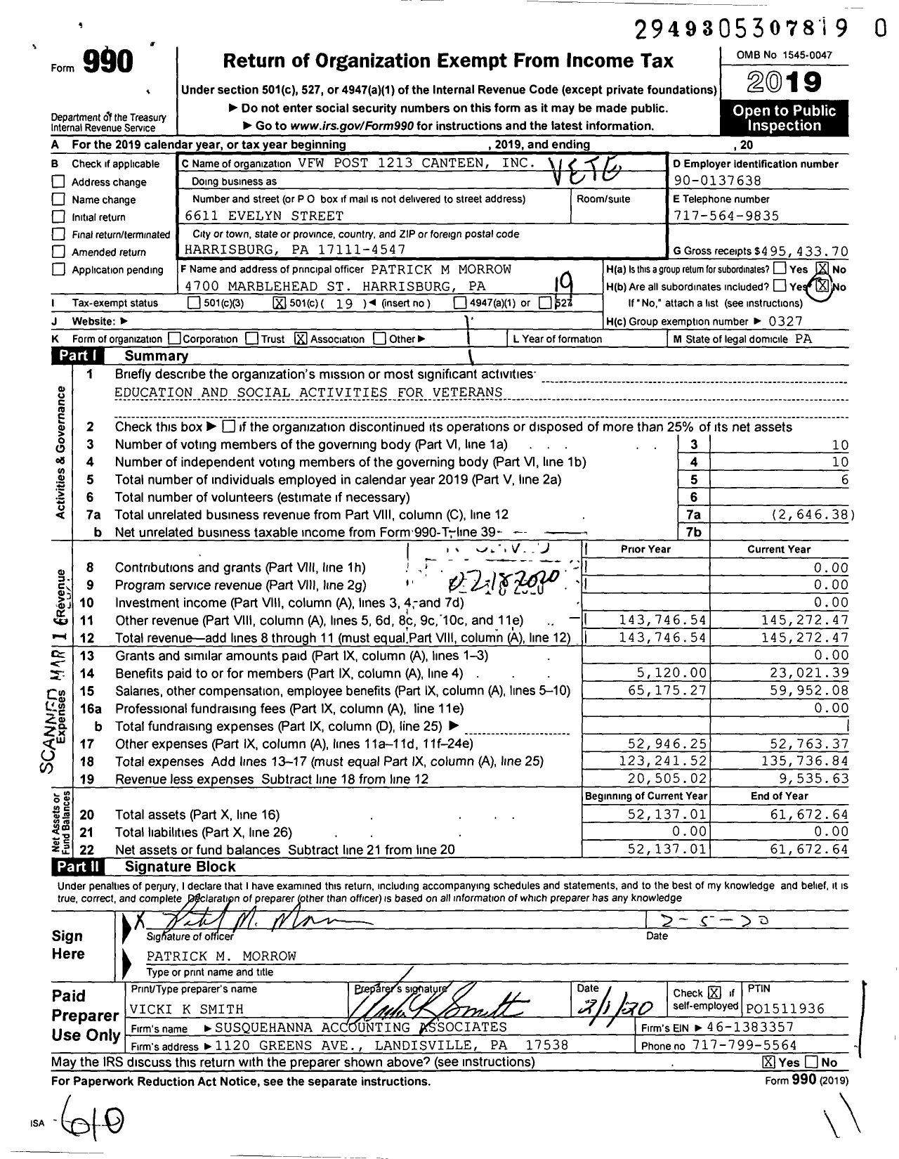 Image of first page of 2019 Form 990O for VFW Post 1213 Canteen