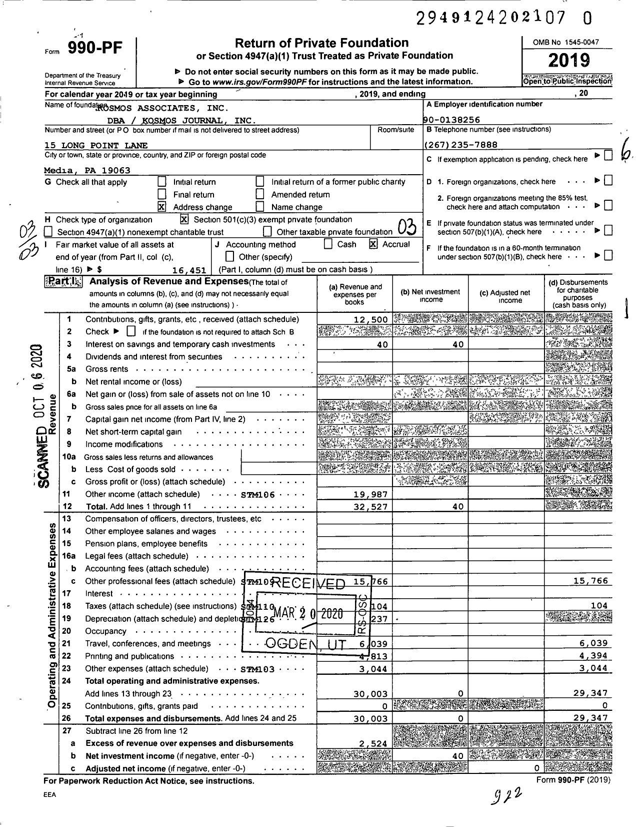 Image of first page of 2019 Form 990PR for Kosmos Associates