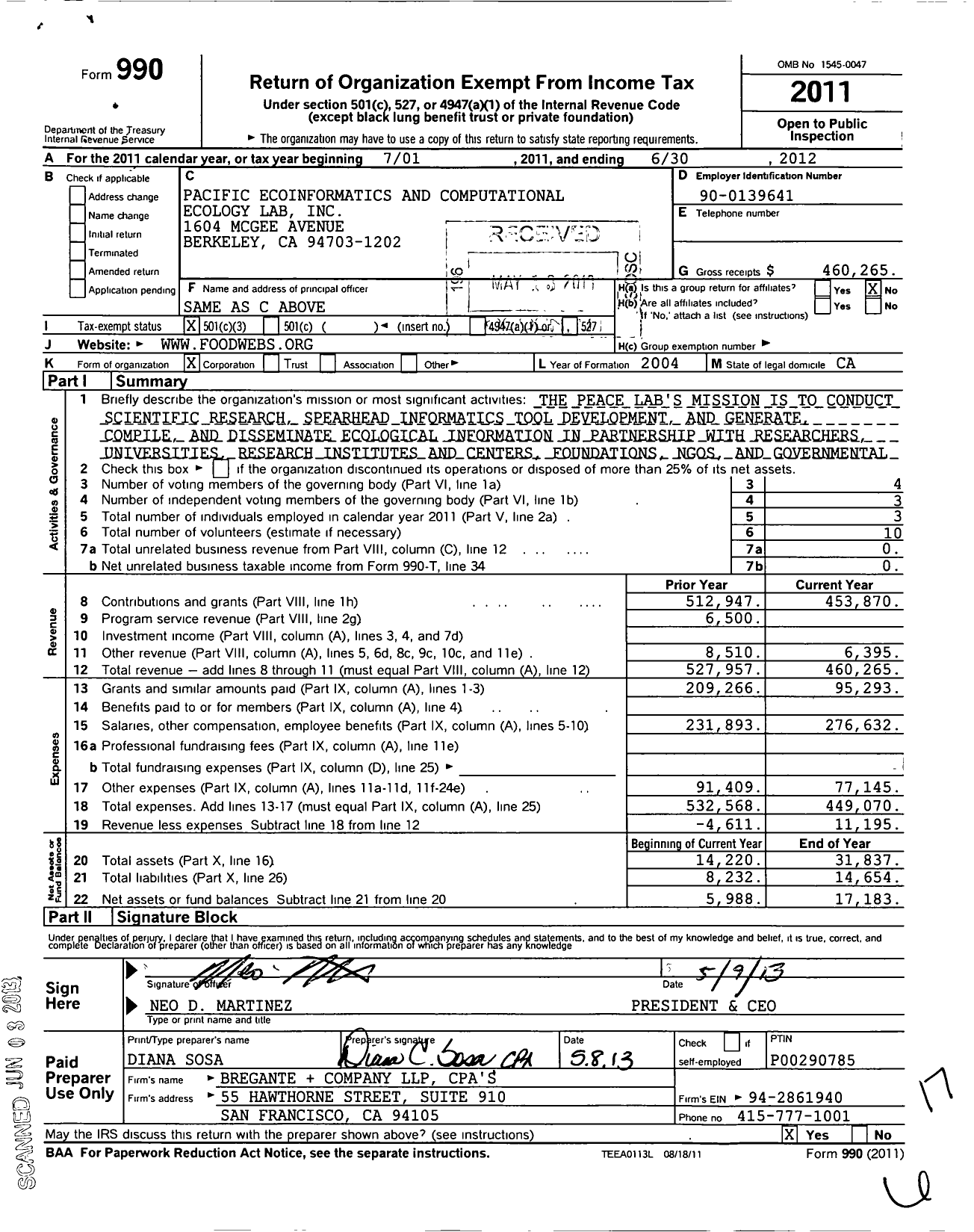 Image of first page of 2011 Form 990 for Pacific Ecoinformatics and Computational Ecology Lab