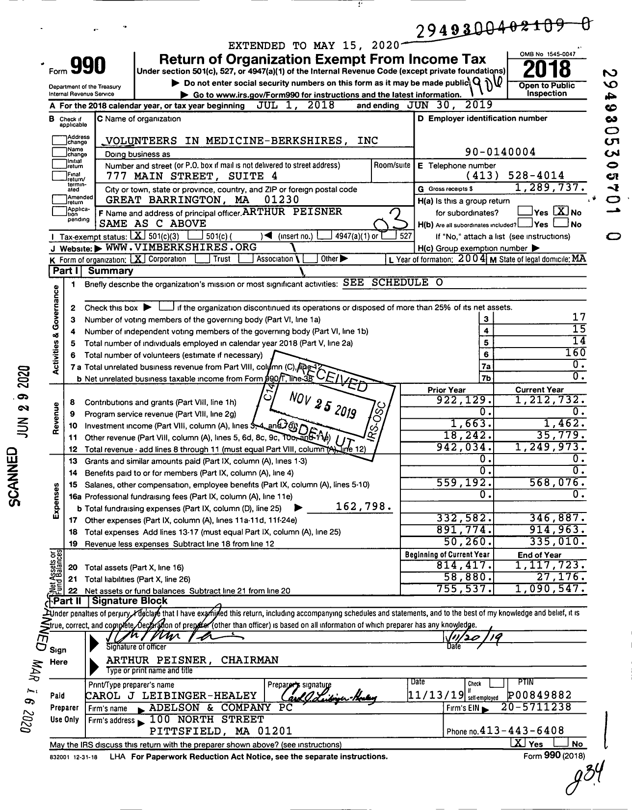 Image of first page of 2018 Form 990 for Volunteers in Medicine-Berkshires