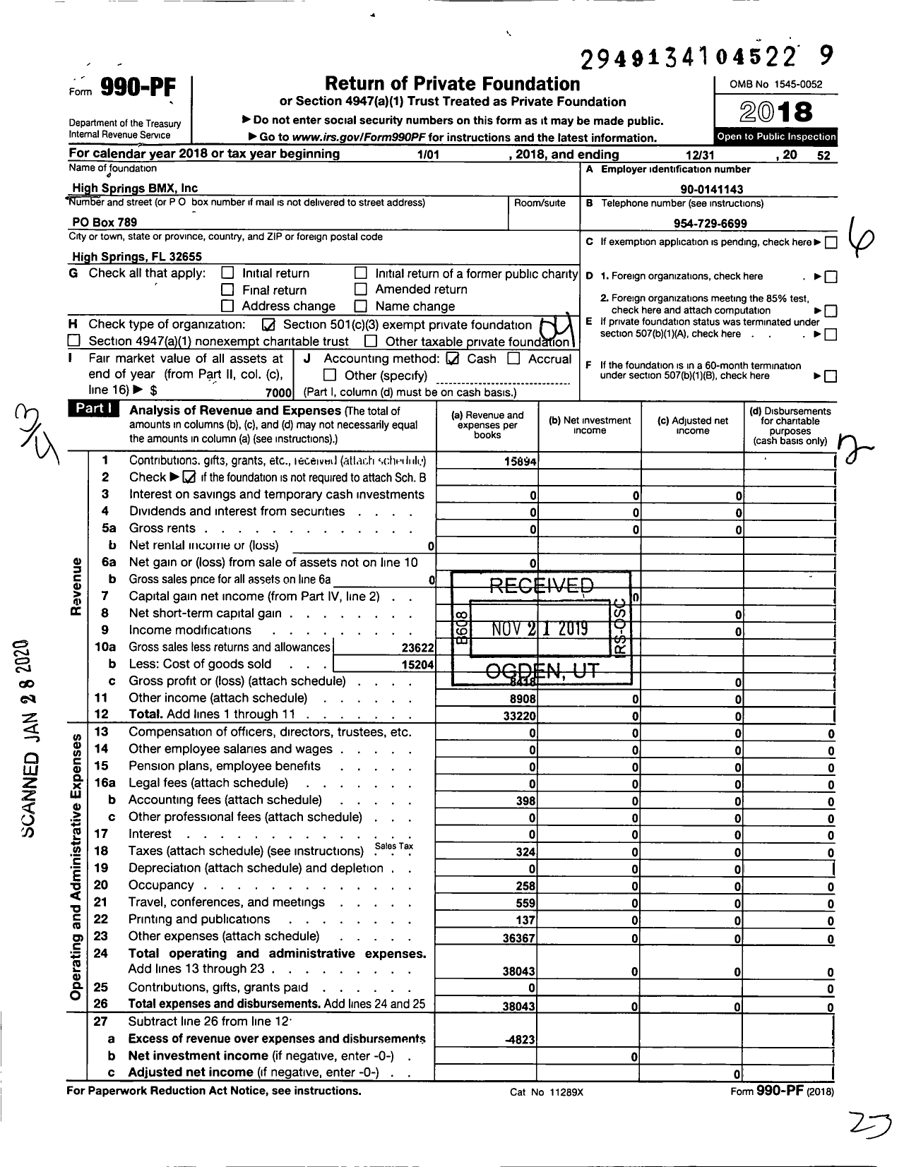 Image of first page of 2018 Form 990PF for High Springs BMX