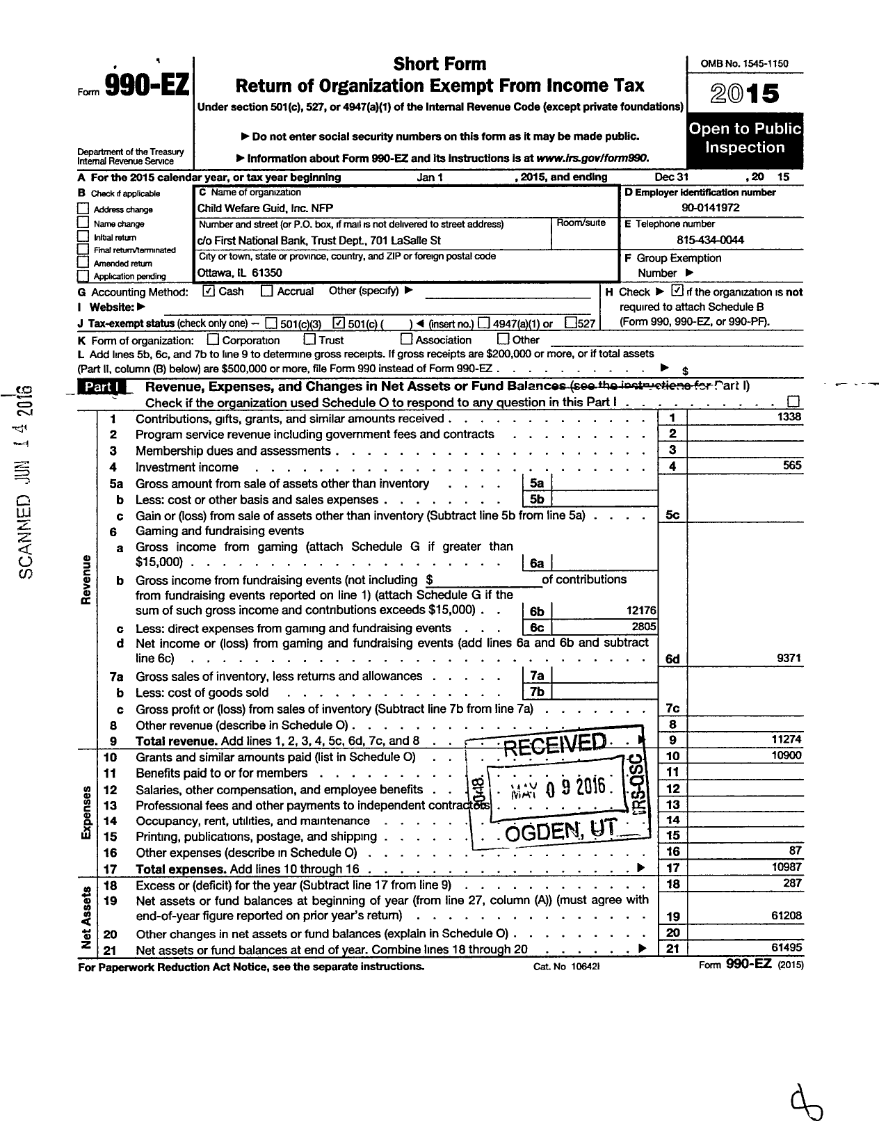 Image of first page of 2015 Form 990EO for Child Welfare Guild NFP