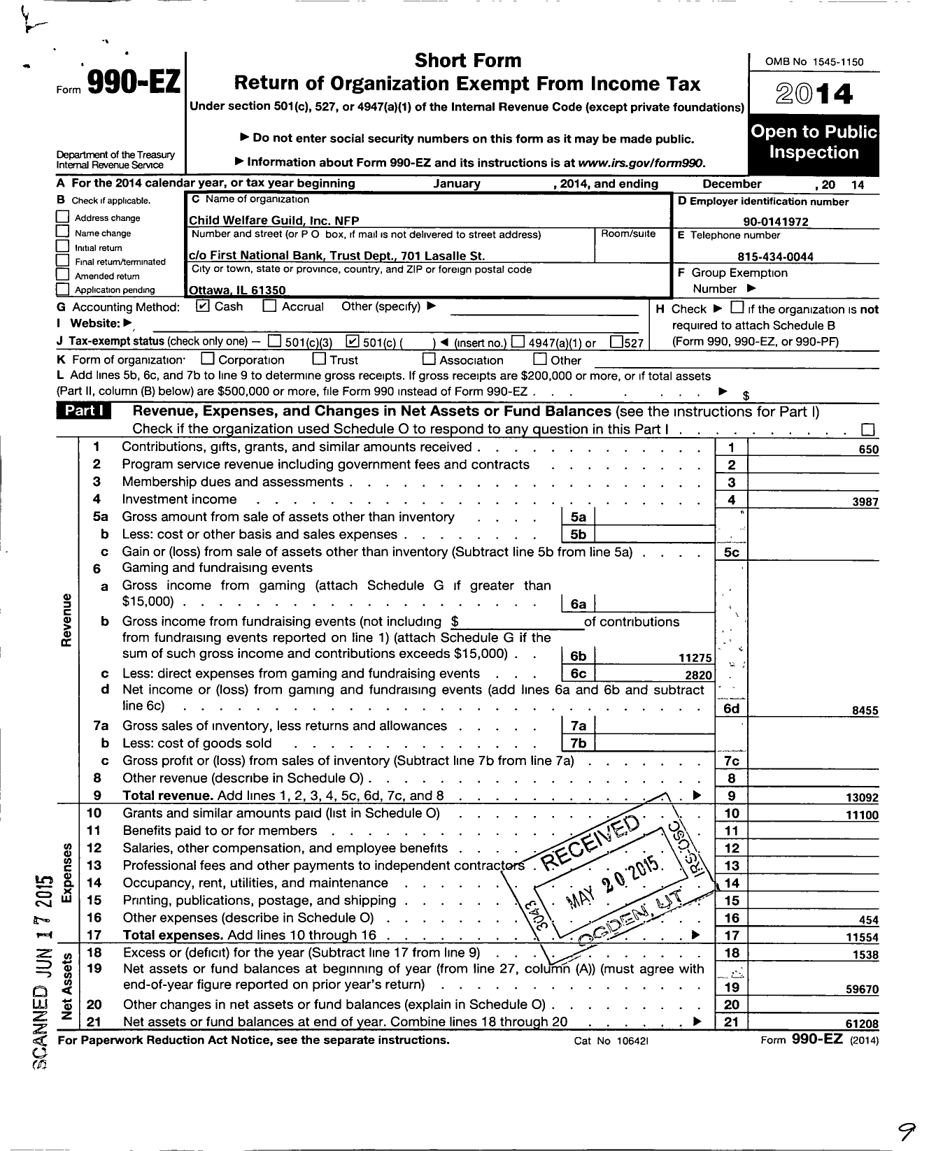 Image of first page of 2014 Form 990EO for Child Welfare Guild NFP