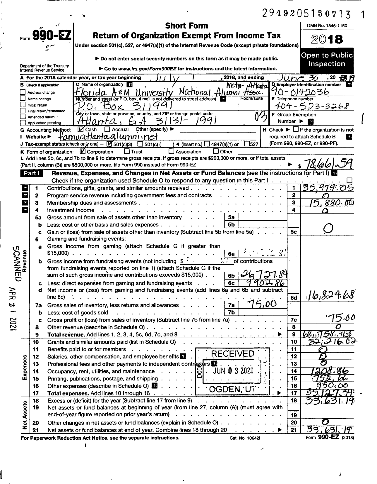 Image of first page of 2018 Form 990EZ for The Florida A and M University National Alumni Association