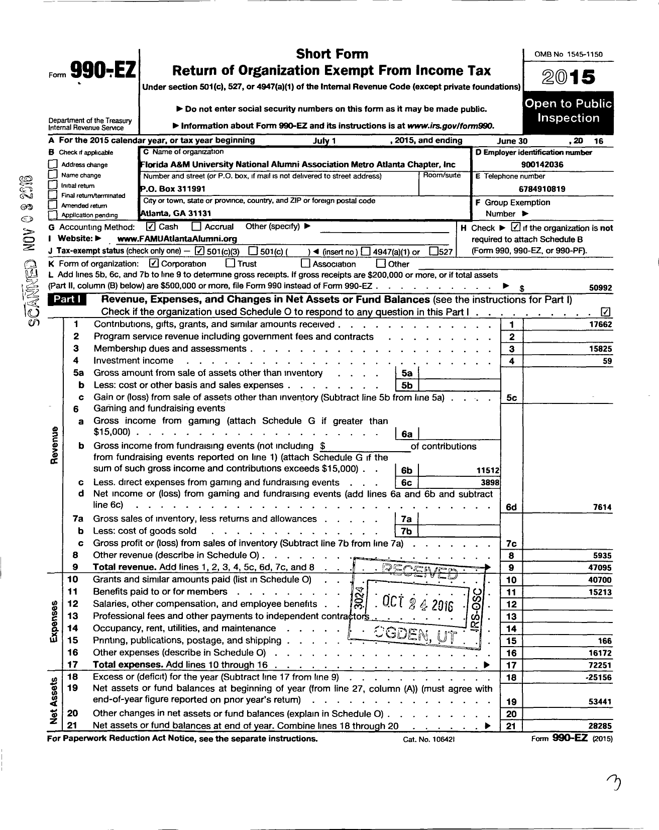 Image of first page of 2015 Form 990EZ for The Florida A and M University National Alumni Association