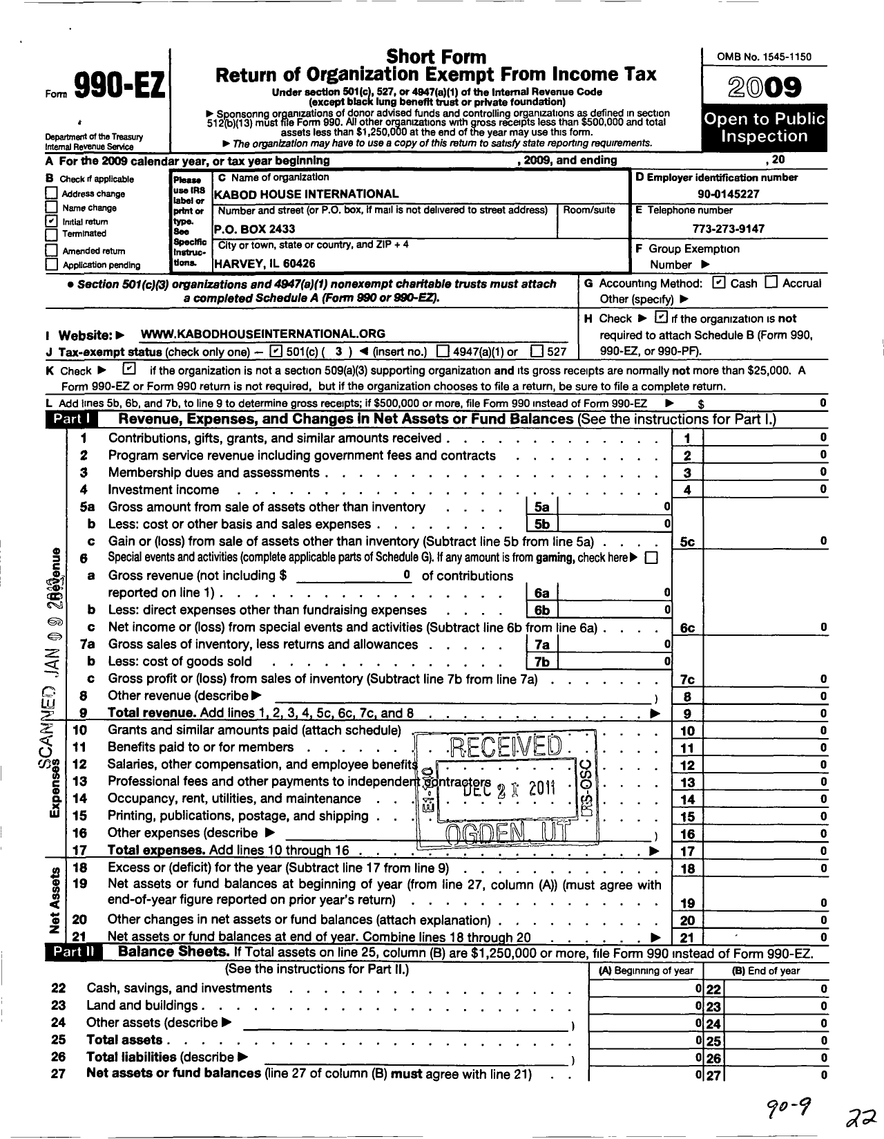 Image of first page of 2009 Form 990EZ for Kabod House International