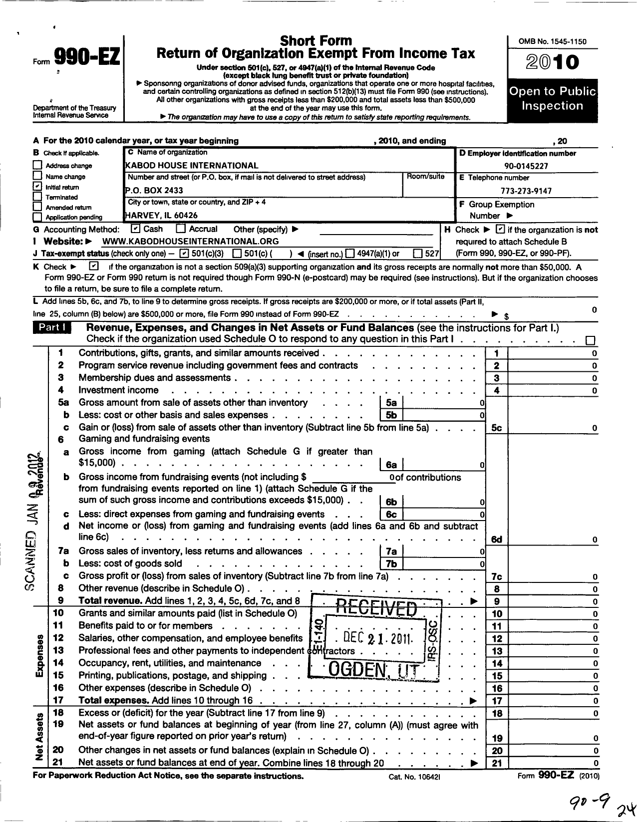 Image of first page of 2010 Form 990EZ for Kabod House International