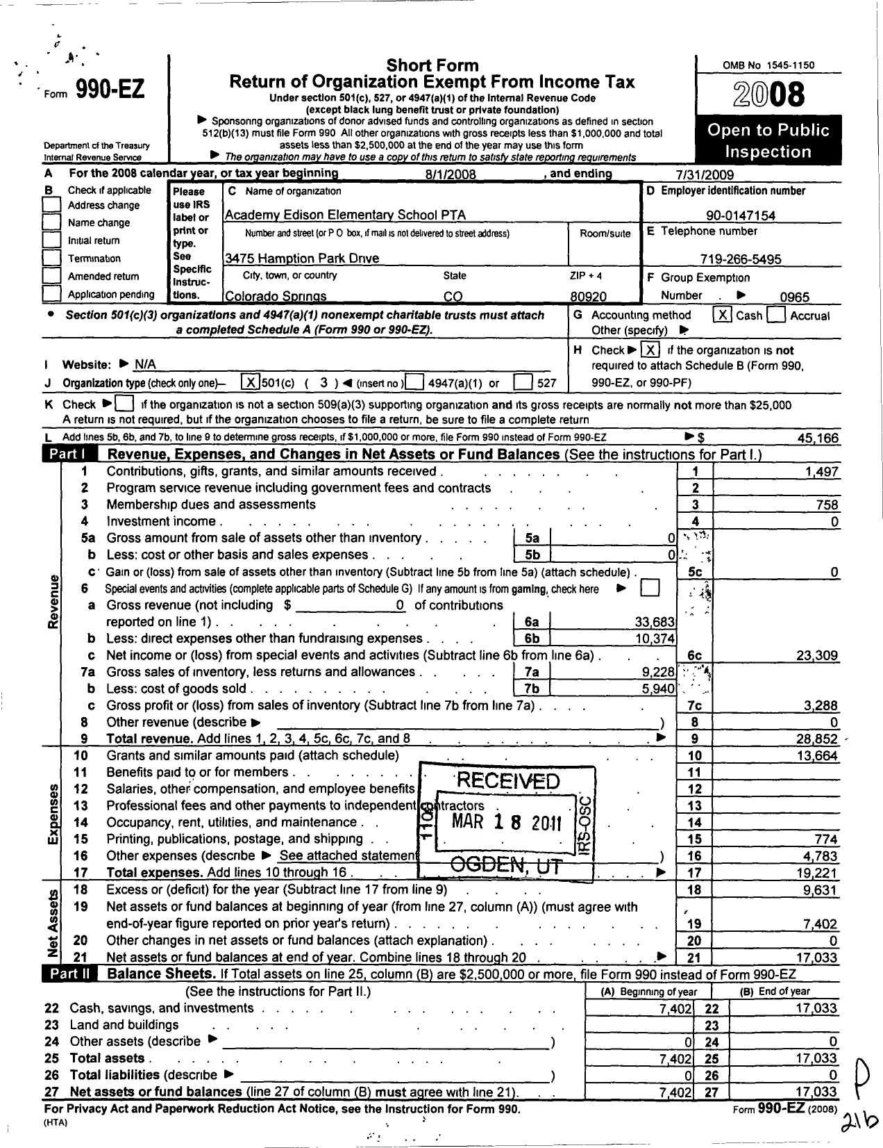 Image of first page of 2008 Form 990EZ for PTA Colorado Congress / Academy Endeavour Elementary PTA