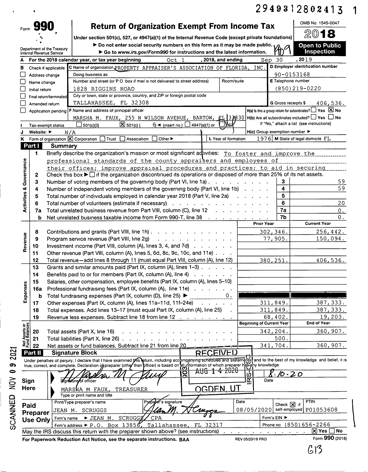 Image of first page of 2018 Form 990O for Property Appraiser's Association of Florida