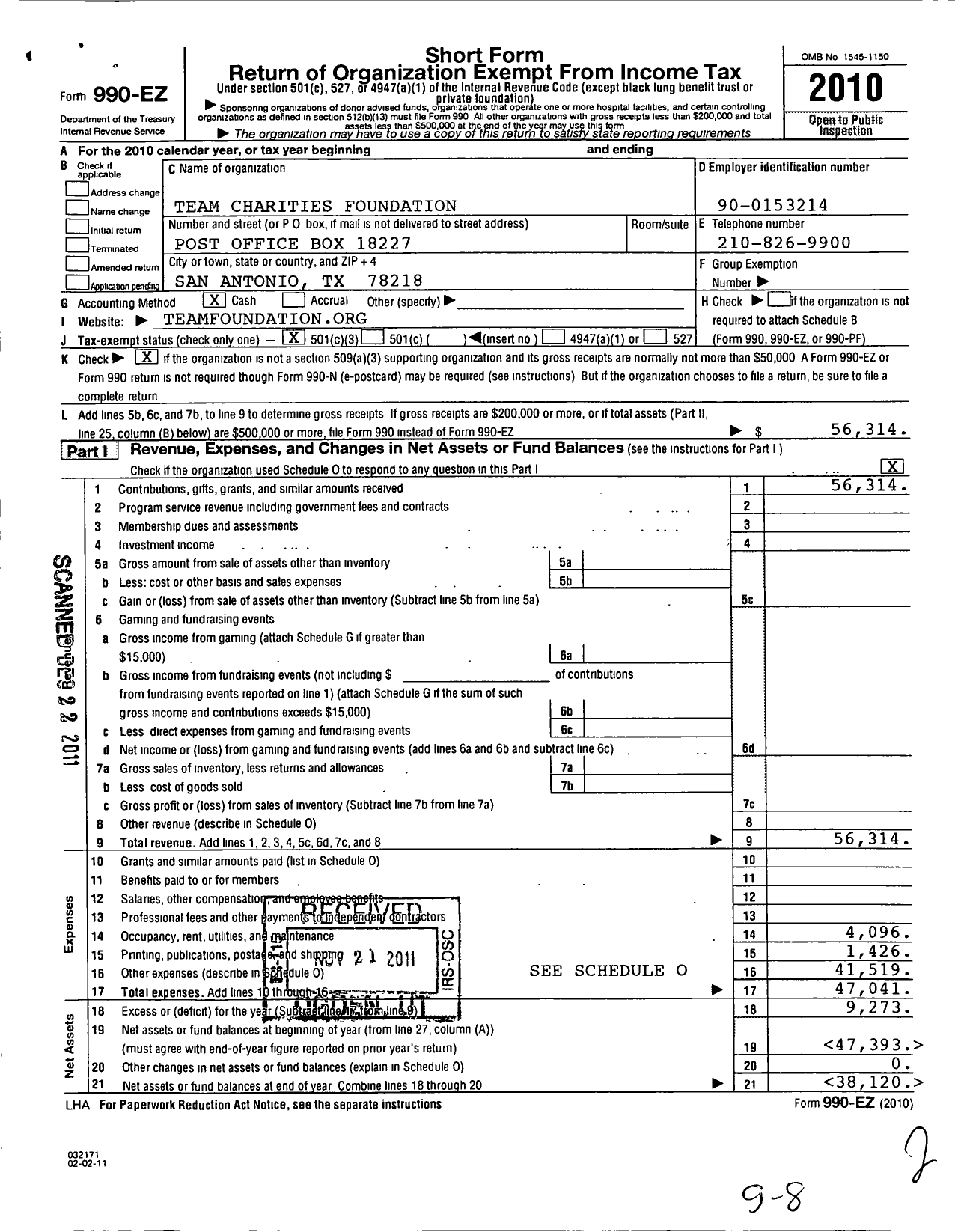 Image of first page of 2010 Form 990EZ for Team Charities Foundation