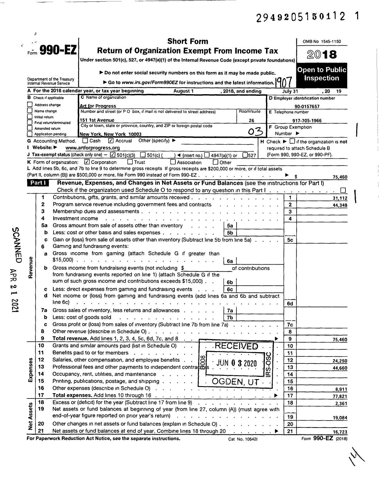 Image of first page of 2018 Form 990EZ for Art For Progress