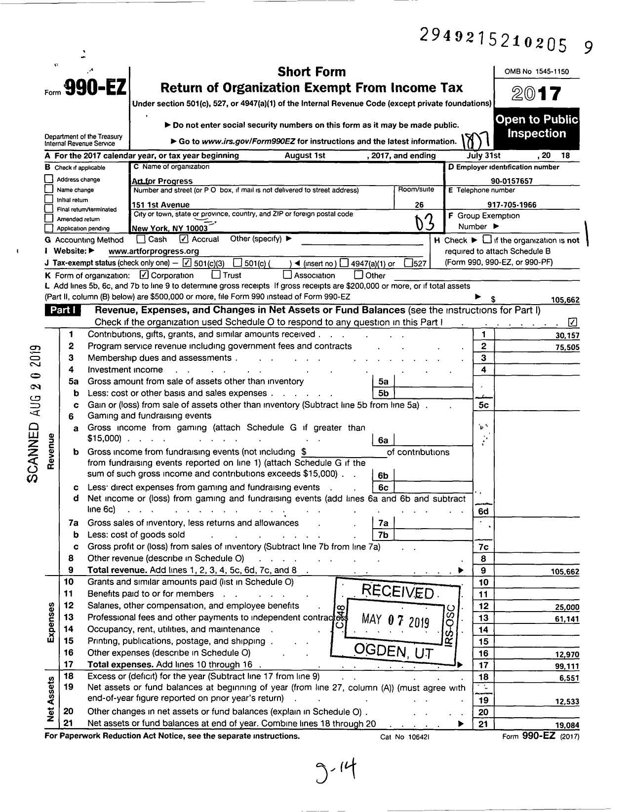 Image of first page of 2017 Form 990EZ for Art For Progress