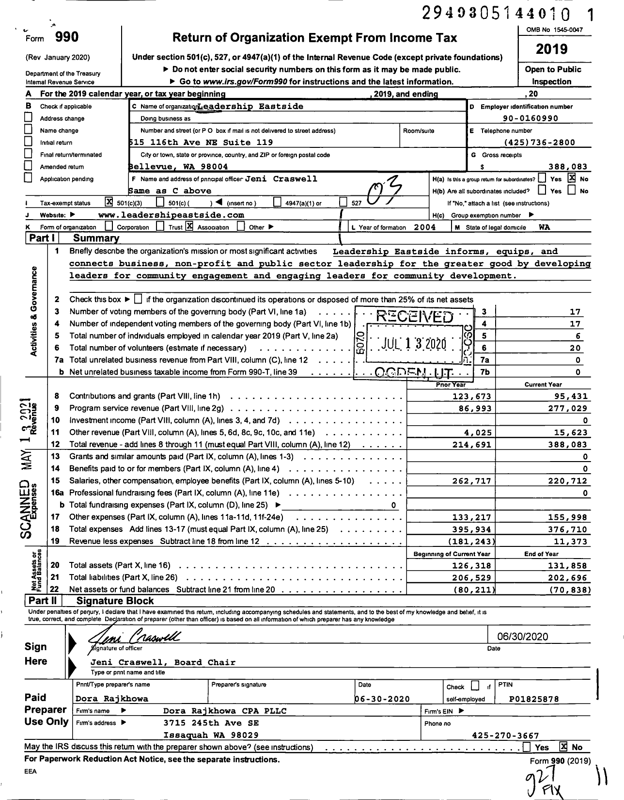 Image of first page of 2019 Form 990 for Leadership Eastside