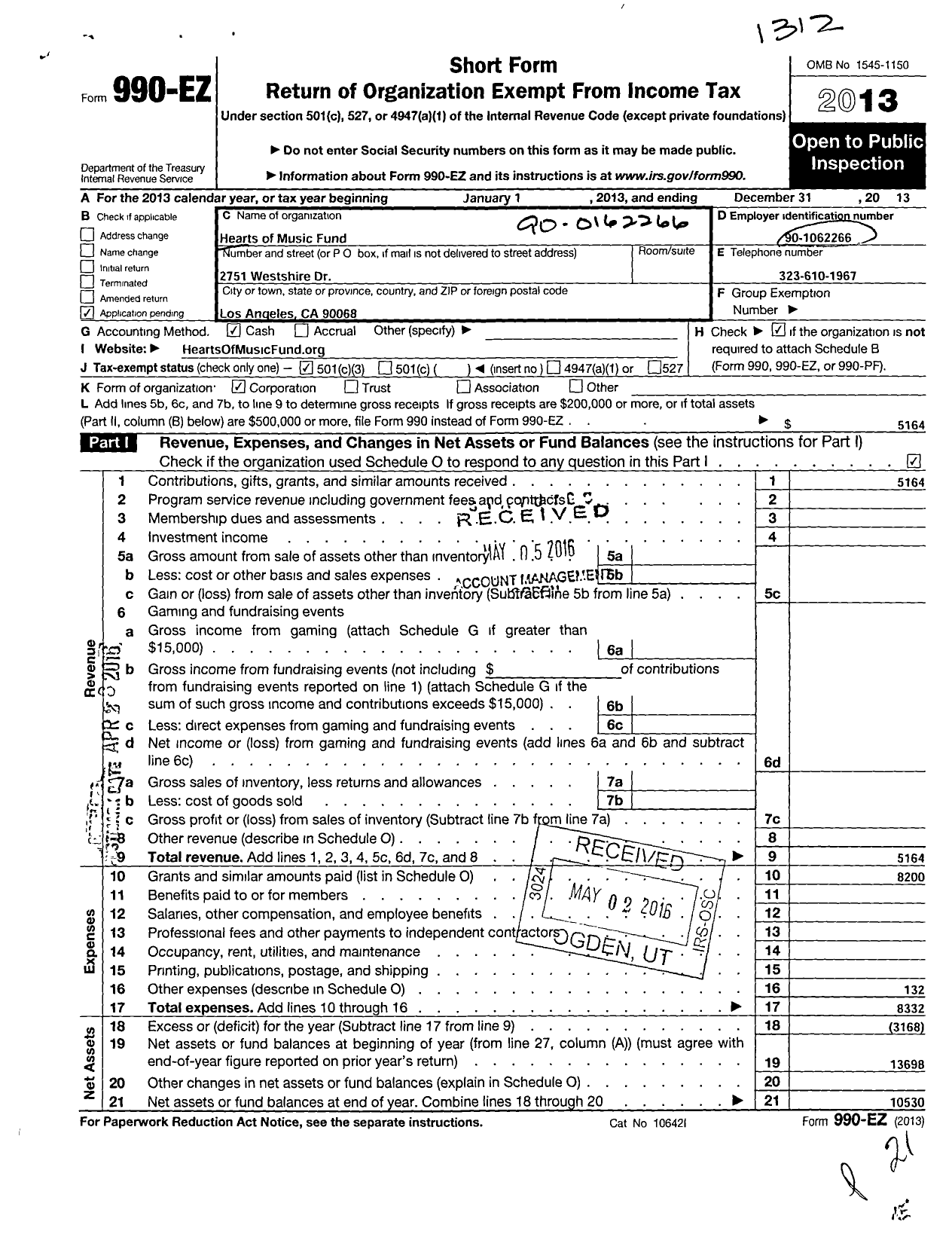 Image of first page of 2013 Form 990EZ for Hearts of Music Fund