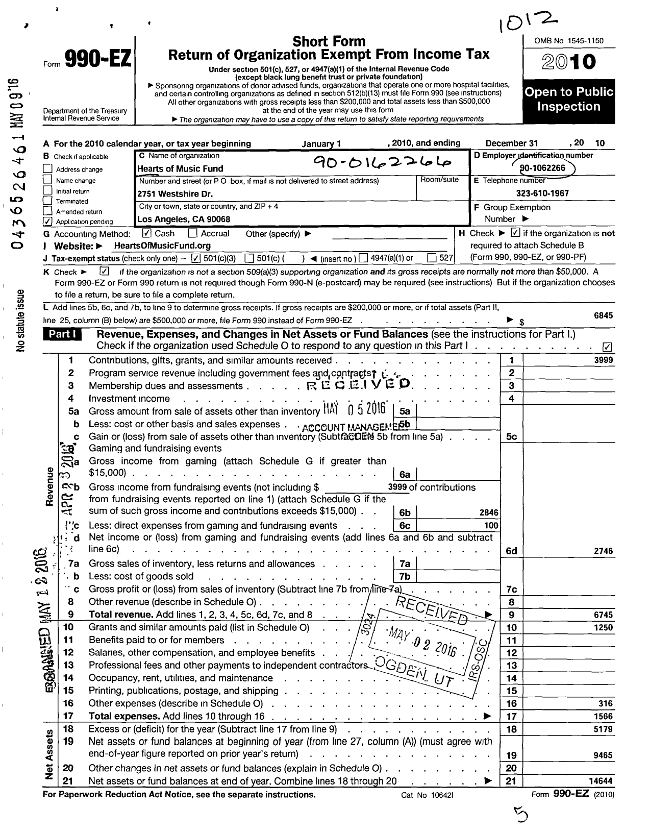 Image of first page of 2010 Form 990EZ for Hearts of Music Fund