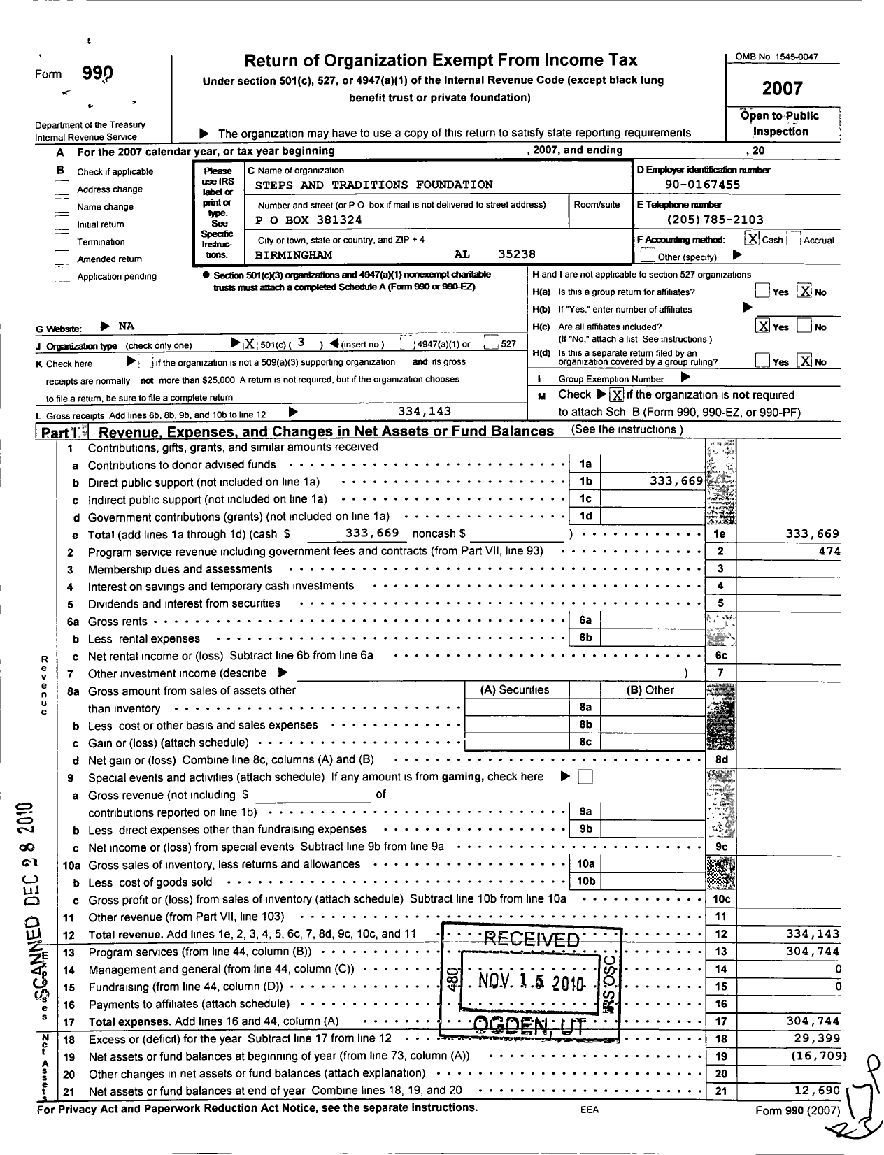 Image of first page of 2007 Form 990 for Steps and Traditions Foundation