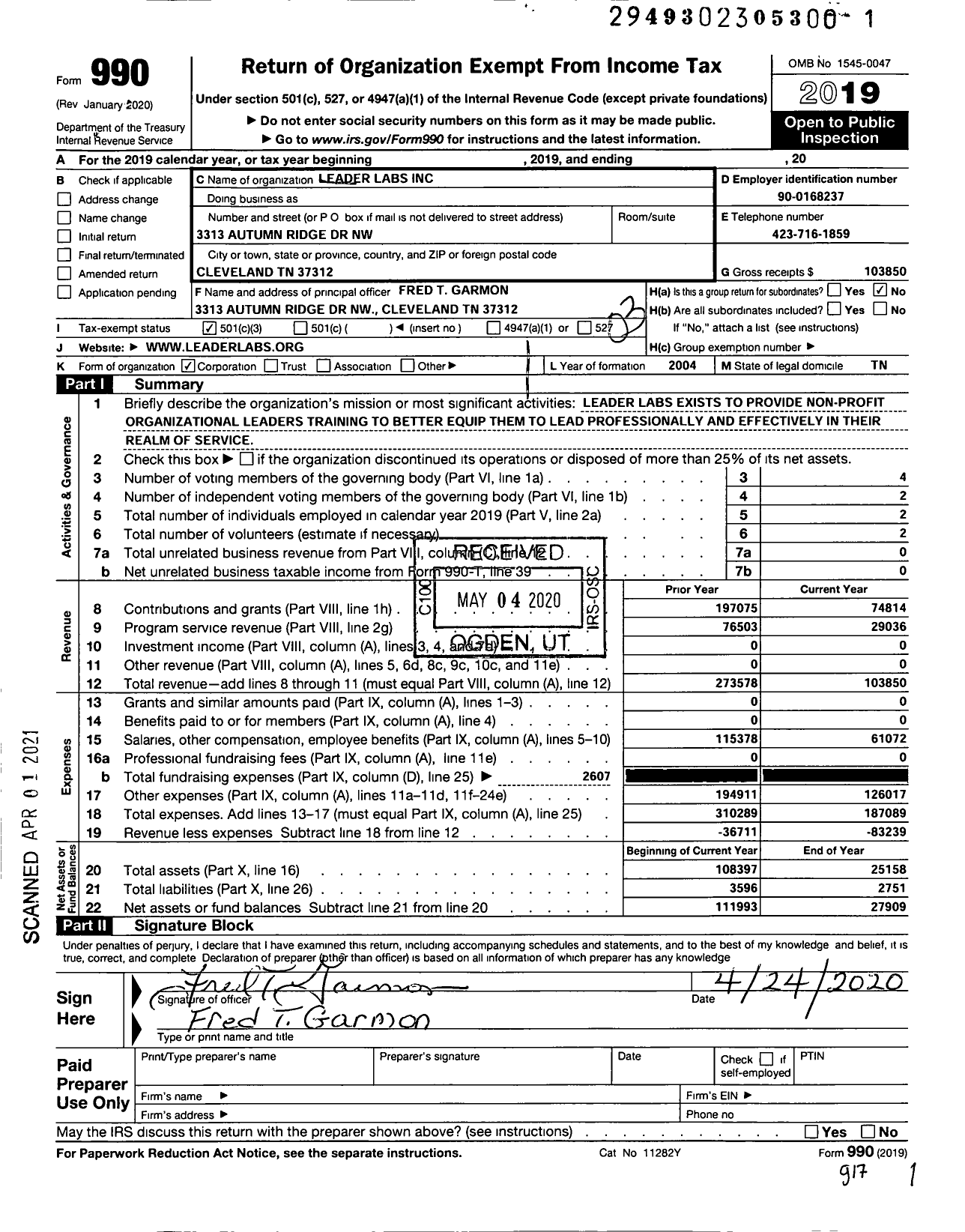 Image of first page of 2019 Form 990 for Leader Labs