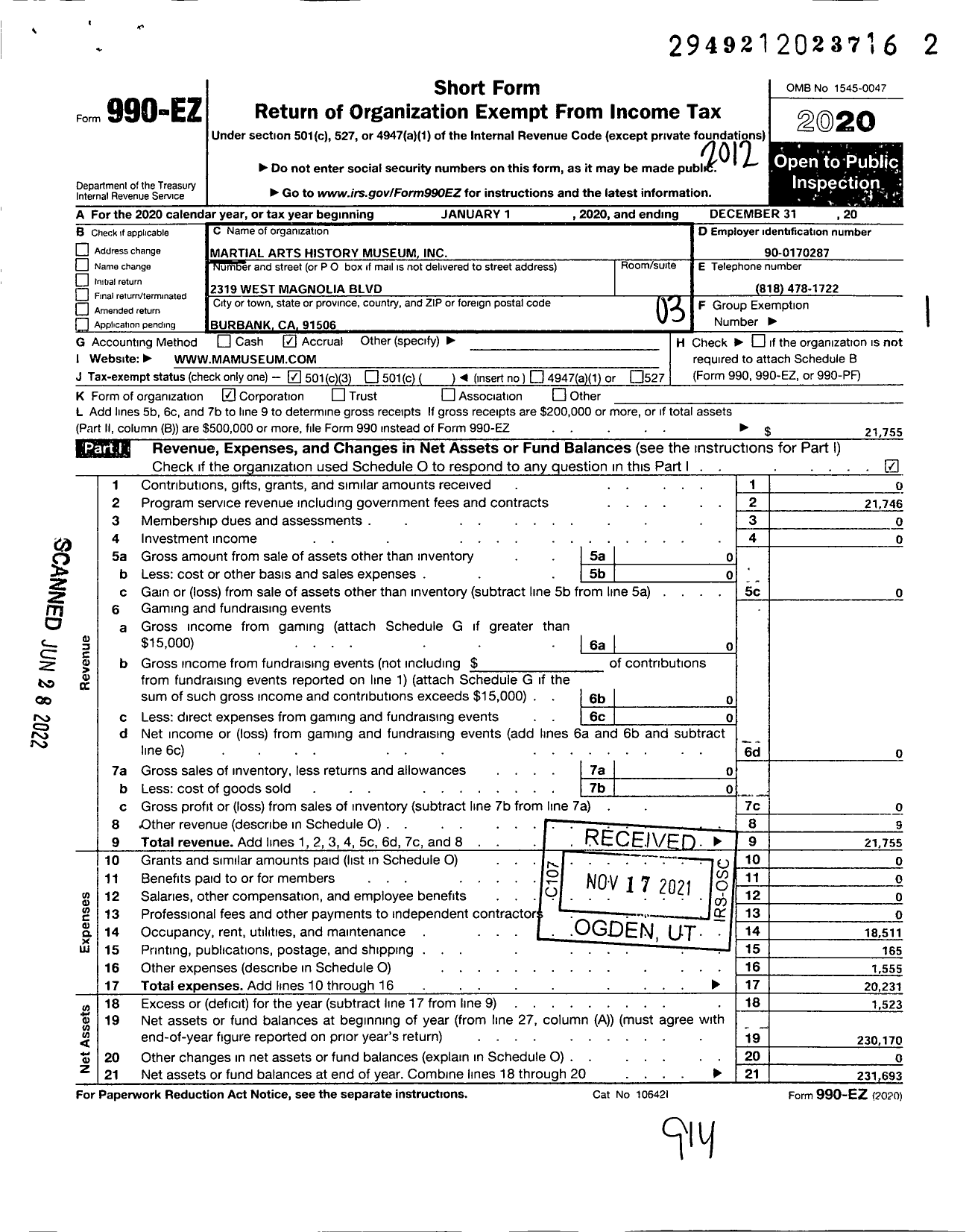 Image of first page of 2020 Form 990EZ for Martial Arts History Museum