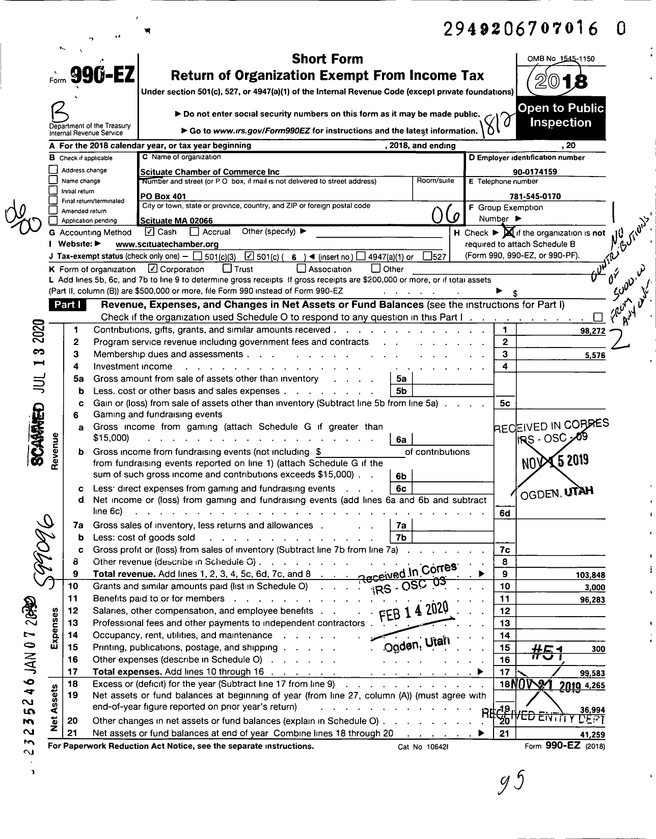 Image of first page of 2018 Form 990EO for Scituate Chamber of Commerce