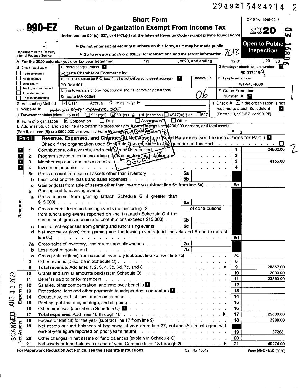 Image of first page of 2020 Form 990EO for Scituate Chamber of Commerce