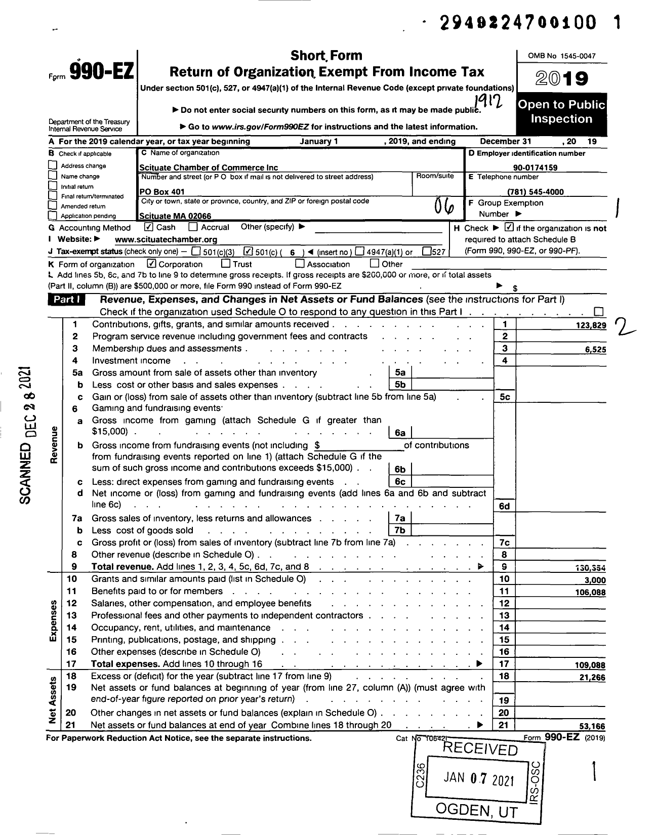 Image of first page of 2019 Form 990EO for Scituate Chamber of Commerce