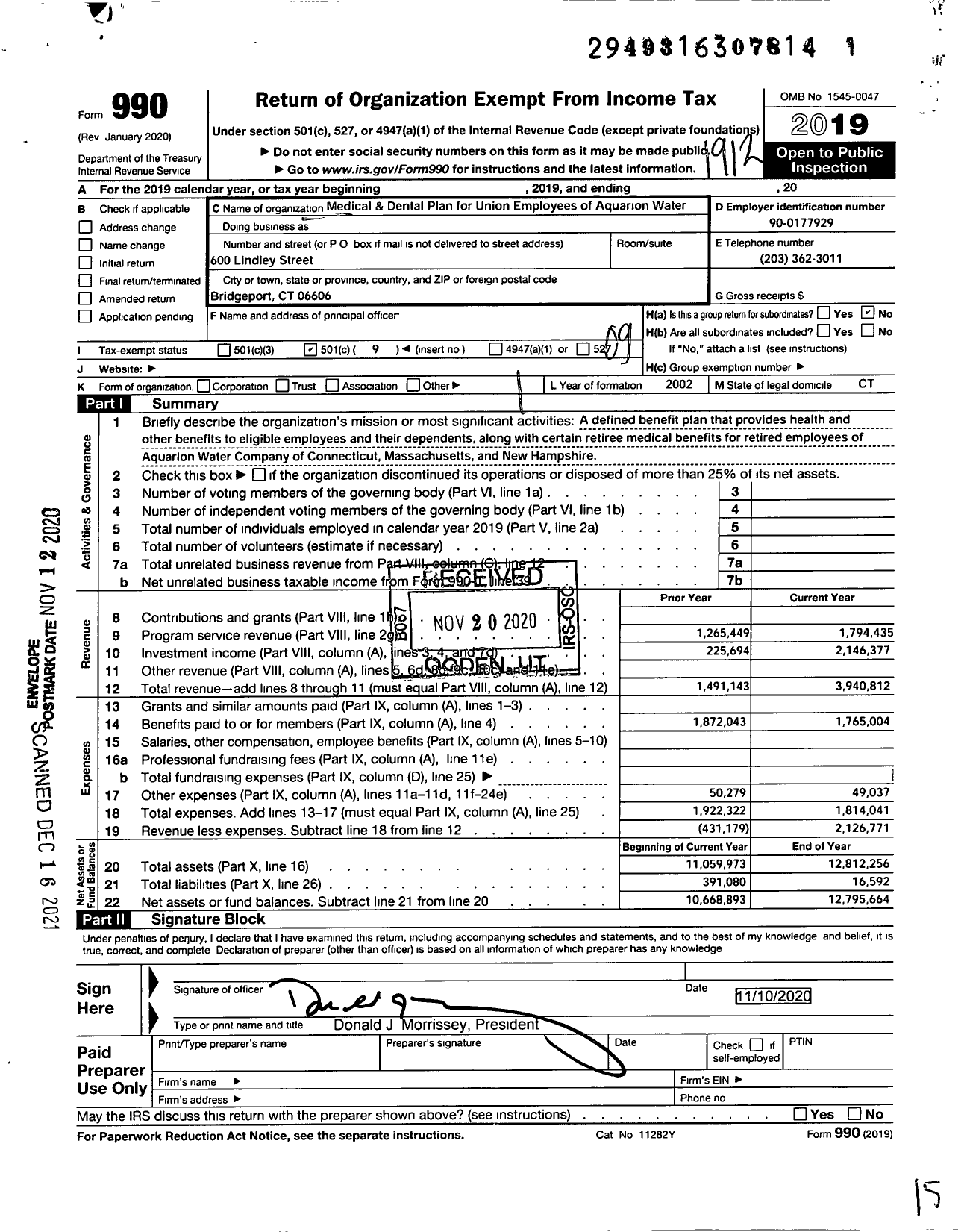 Image of first page of 2019 Form 990O for Medical and Dental Plan for Union Employees of Aquarion Water Compan