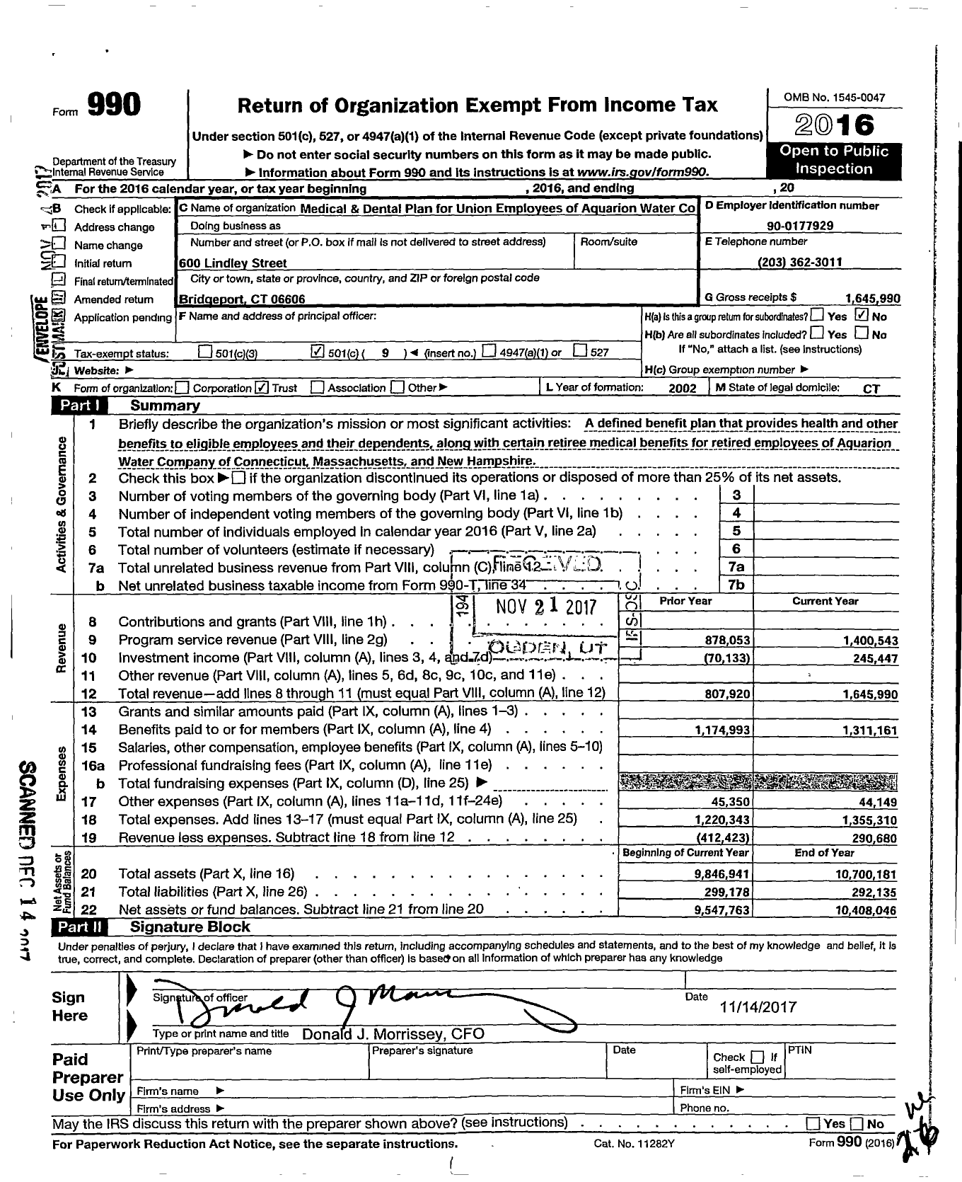 Image of first page of 2016 Form 990O for Medical and Dental Plan for Union Employees of Aquarion Water Compan
