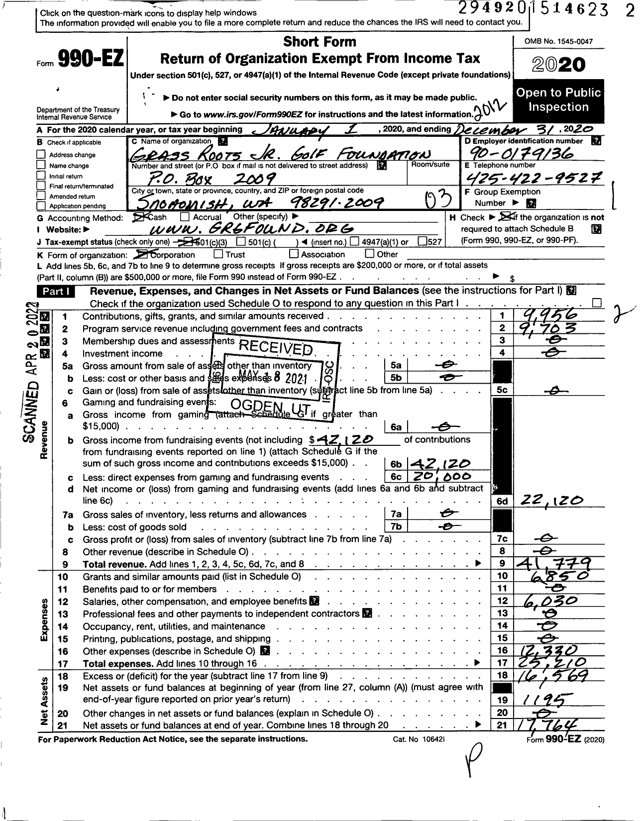 Image of first page of 2020 Form 990EZ for Grass Roots Jr Golf