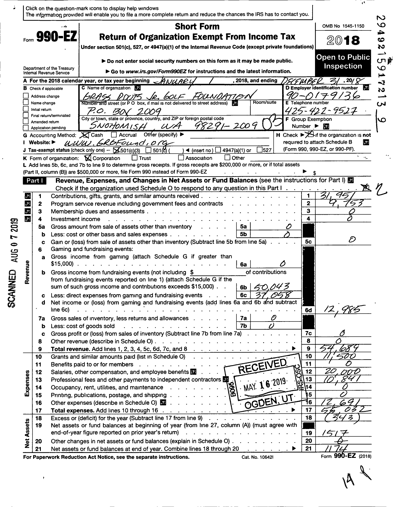 Image of first page of 2018 Form 990EZ for Grass Roots Jr Golf