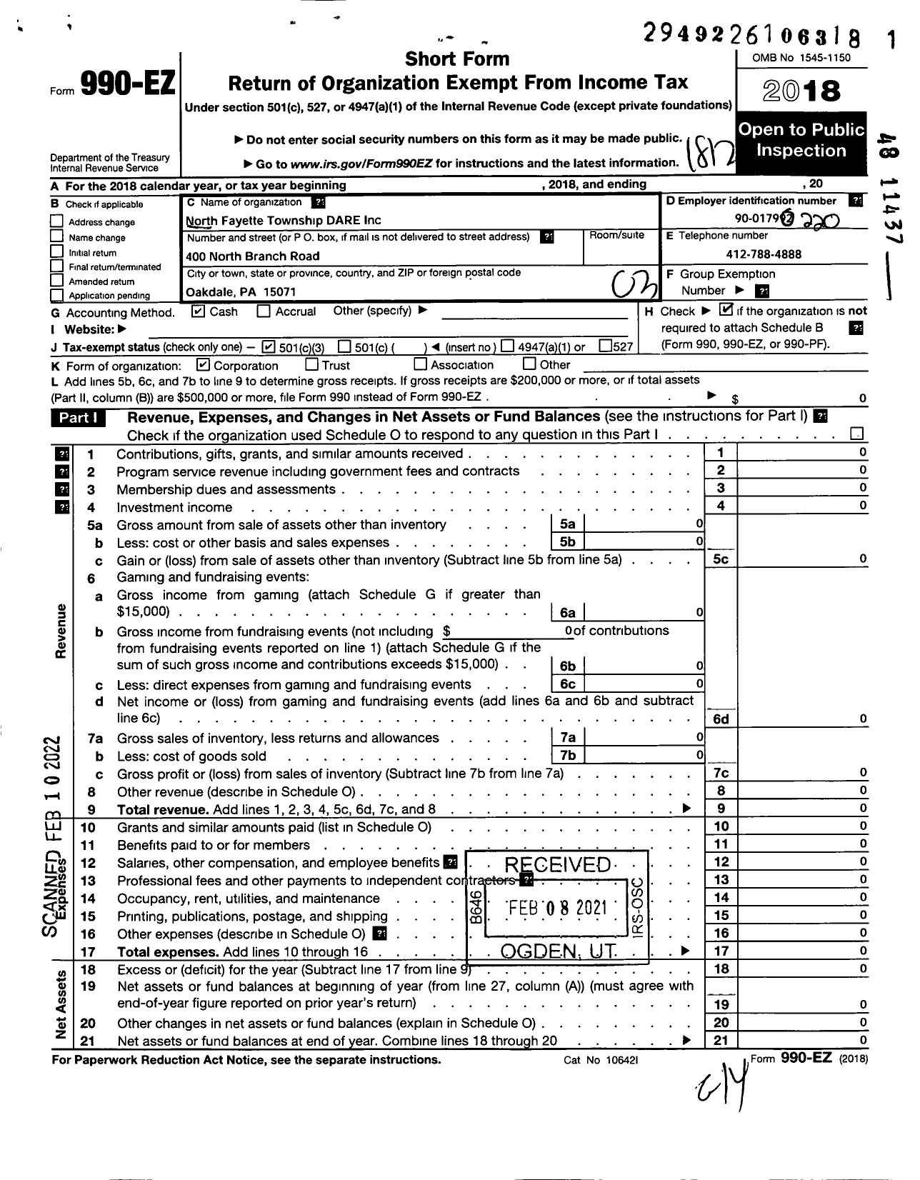 Image of first page of 2018 Form 990EZ for North Fayette Township Dare