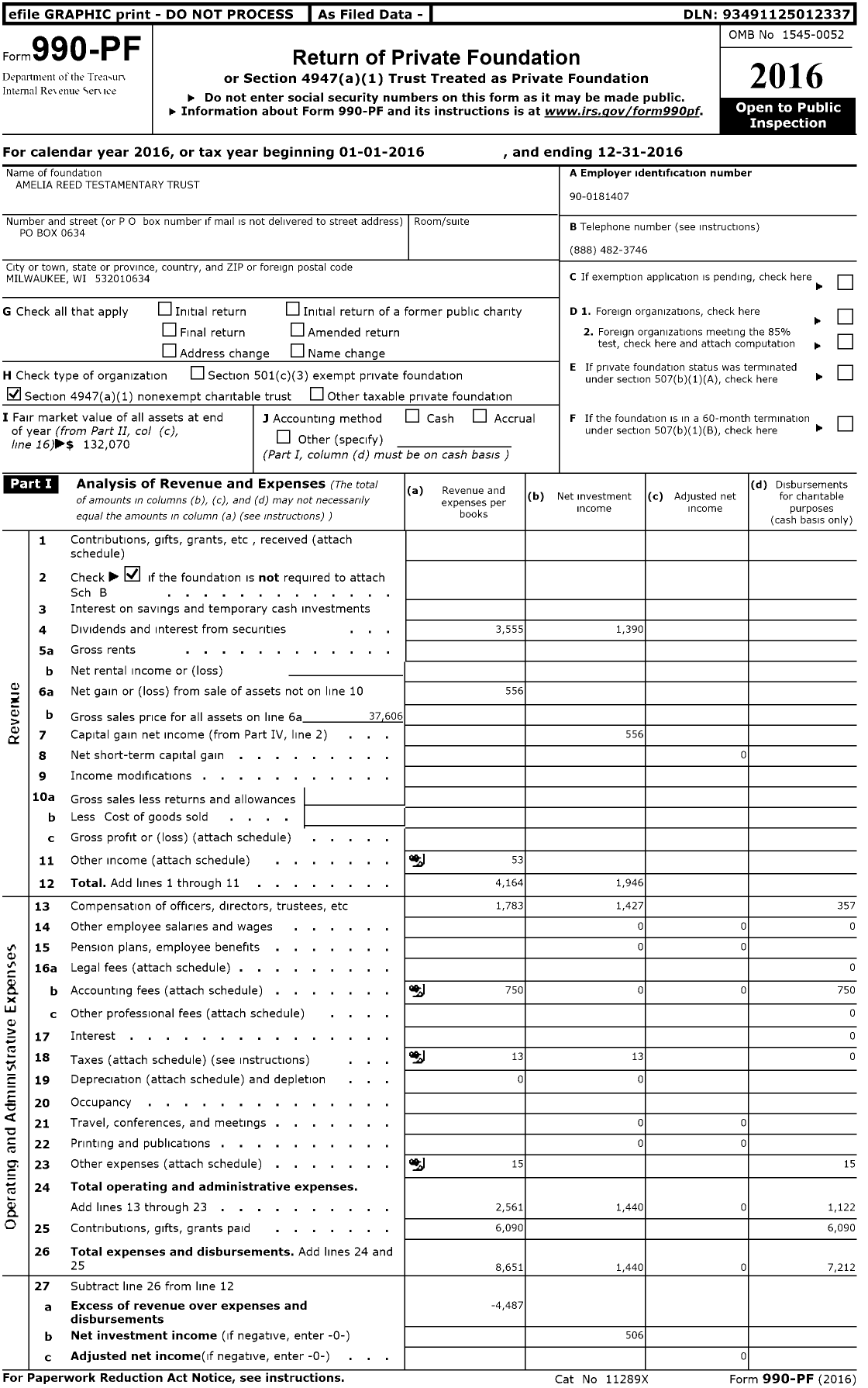 Image of first page of 2016 Form 990PF for Amelia Reed Testamentary Trust