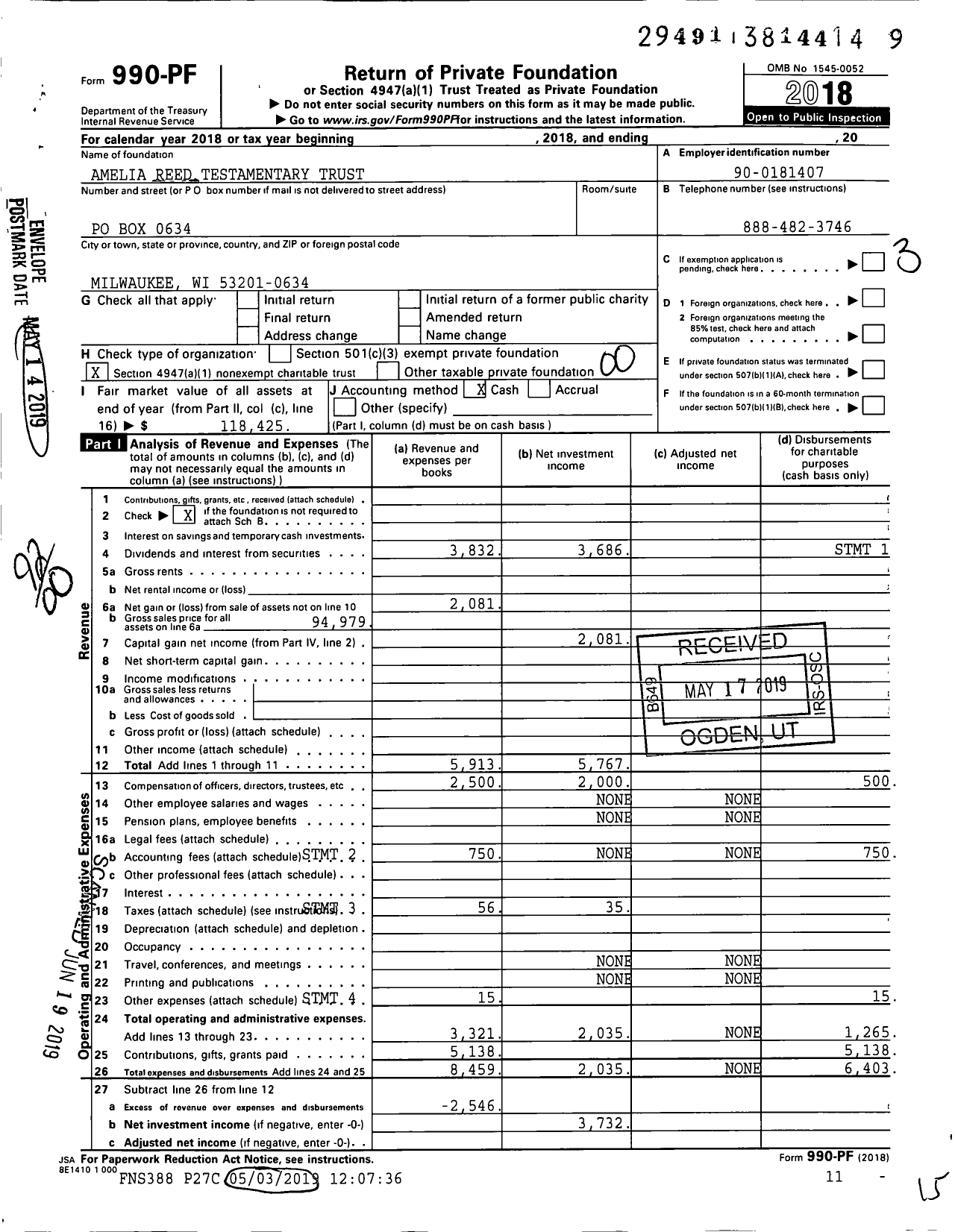 Image of first page of 2018 Form 990PF for Amelia Reed Testamentary Trust