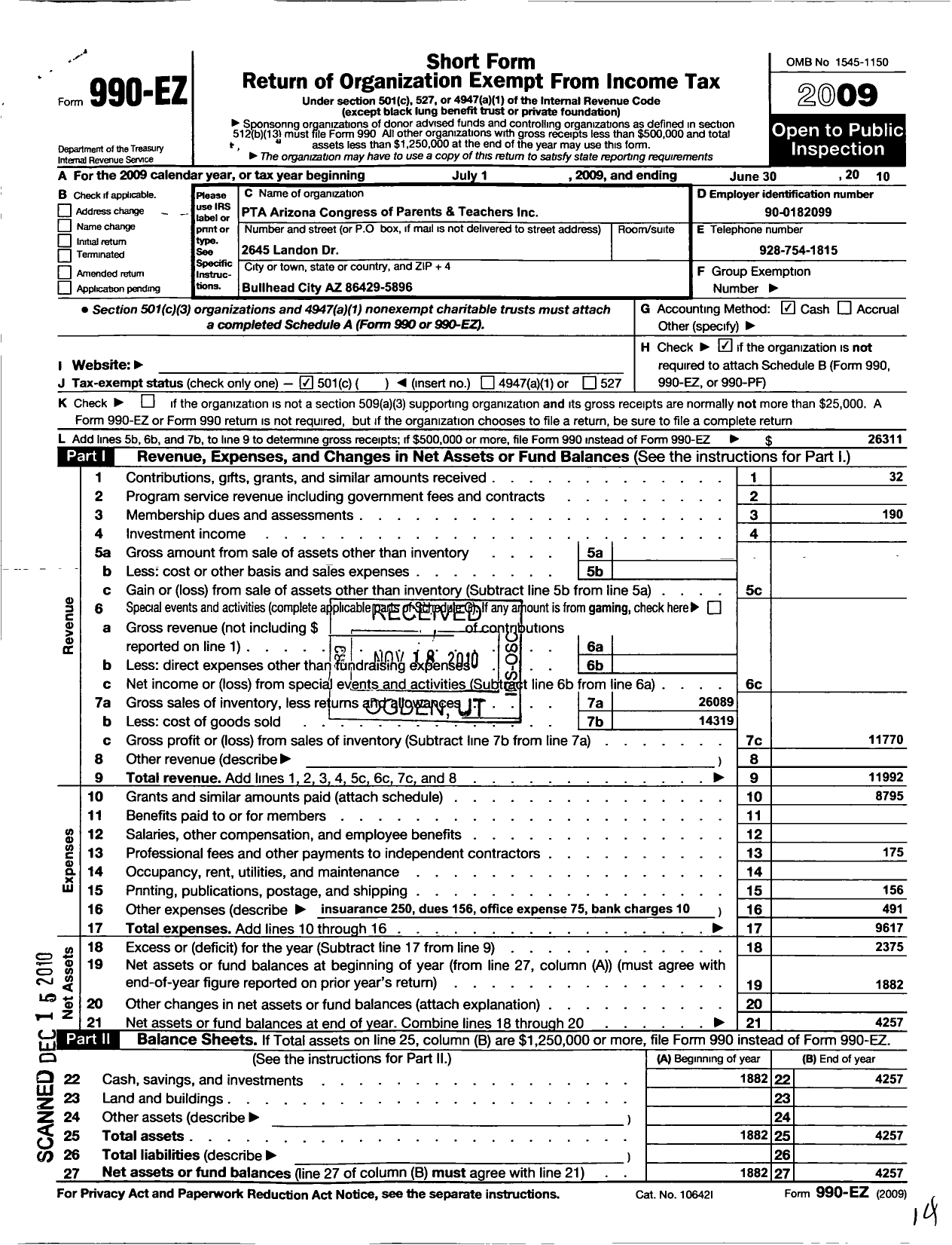 Image of first page of 2009 Form 990EO for PTA Arizona Congress of Parents and Teachers / Sunrise PTA Bullhead City