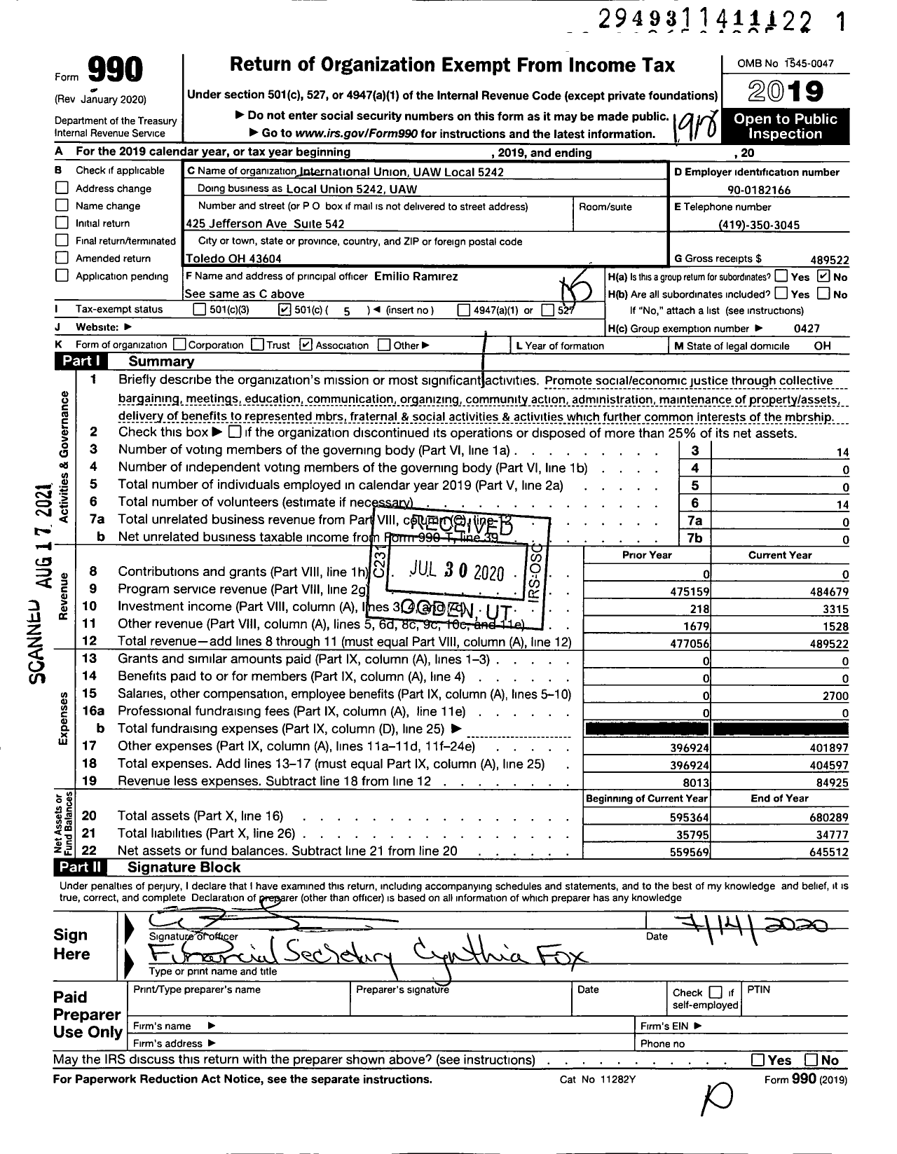 Image of first page of 2019 Form 990O for UAW - Local Union 5242 UAW