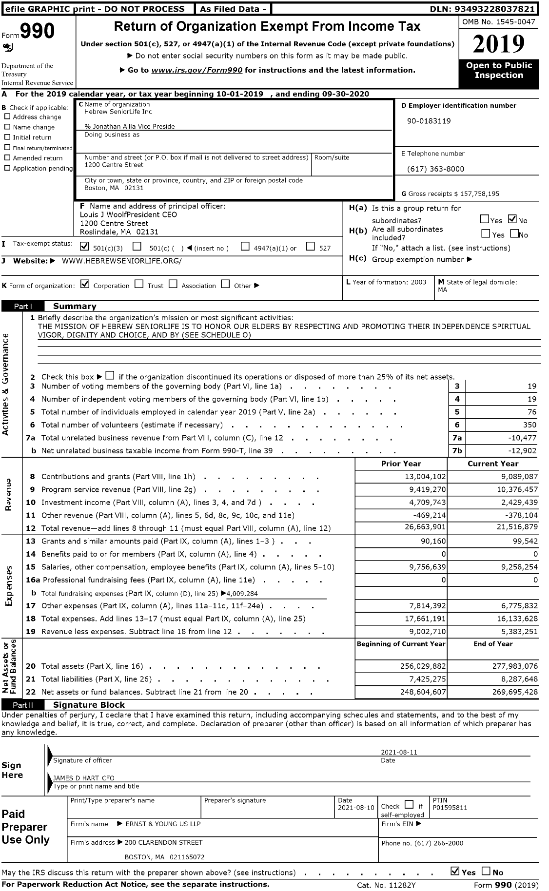 Image of first page of 2019 Form 990 for Hebrew Seniorlife