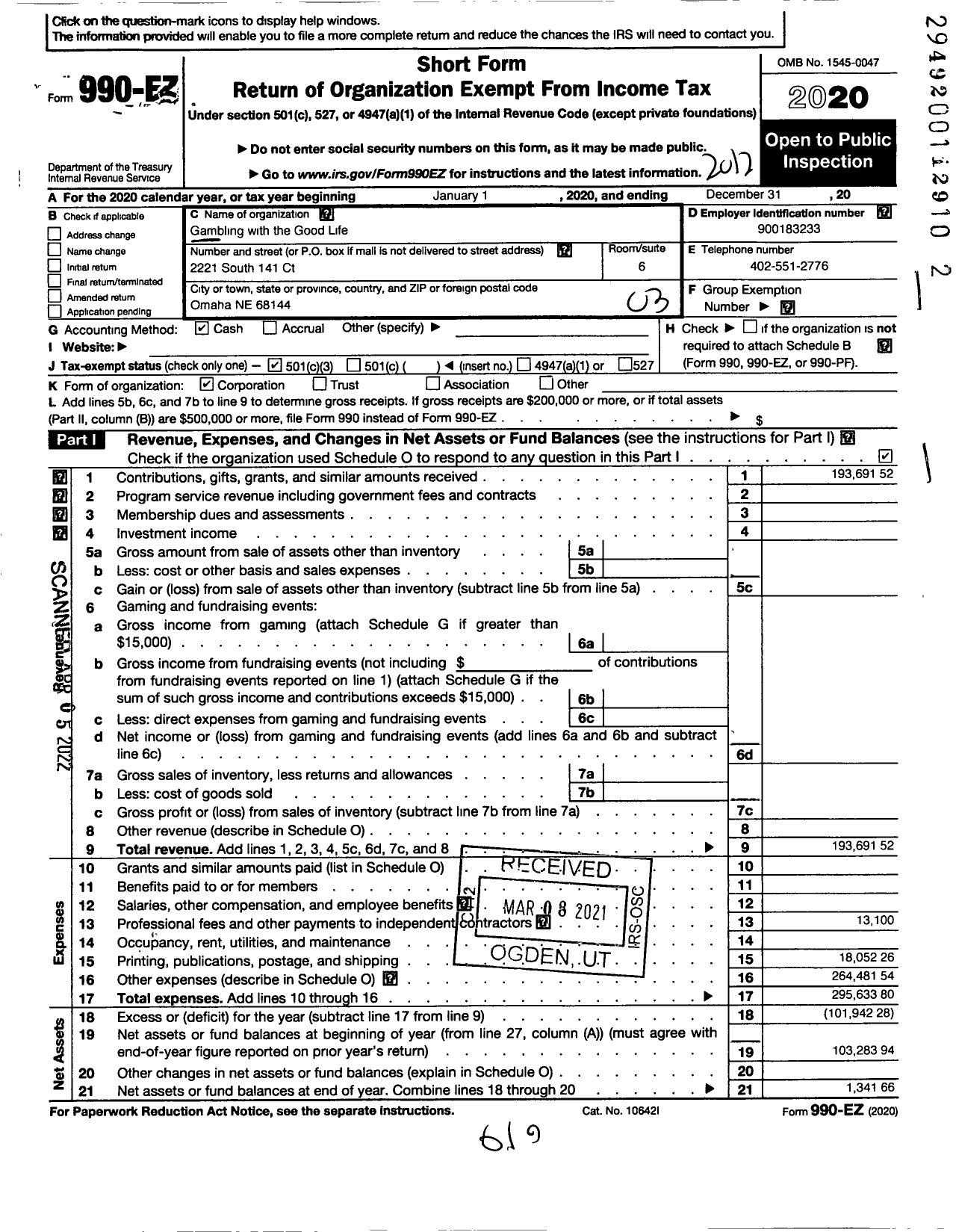 Image of first page of 2020 Form 990EZ for Gambling with the Good Life