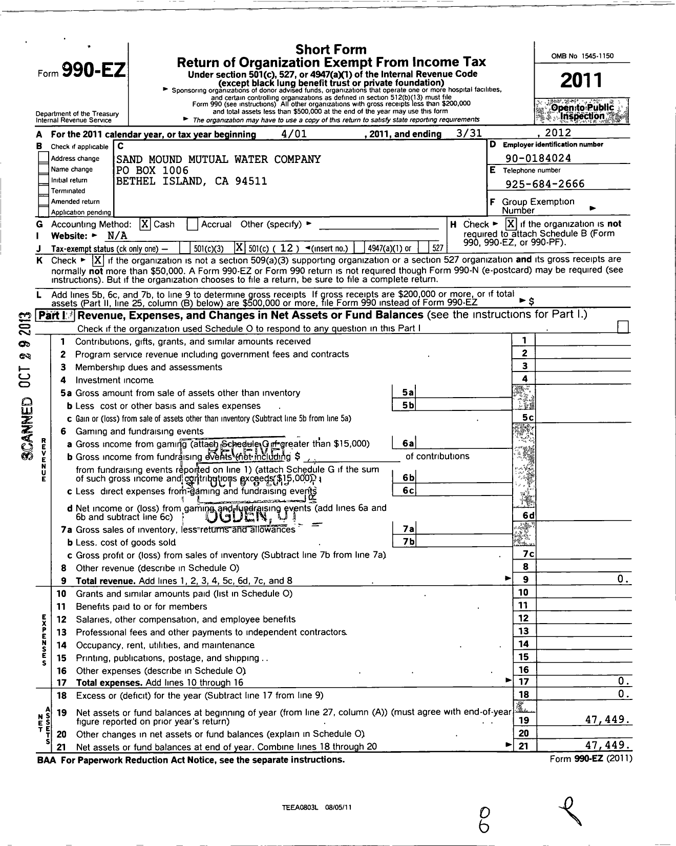 Image of first page of 2011 Form 990EO for Sand Mound Mutual Water Company