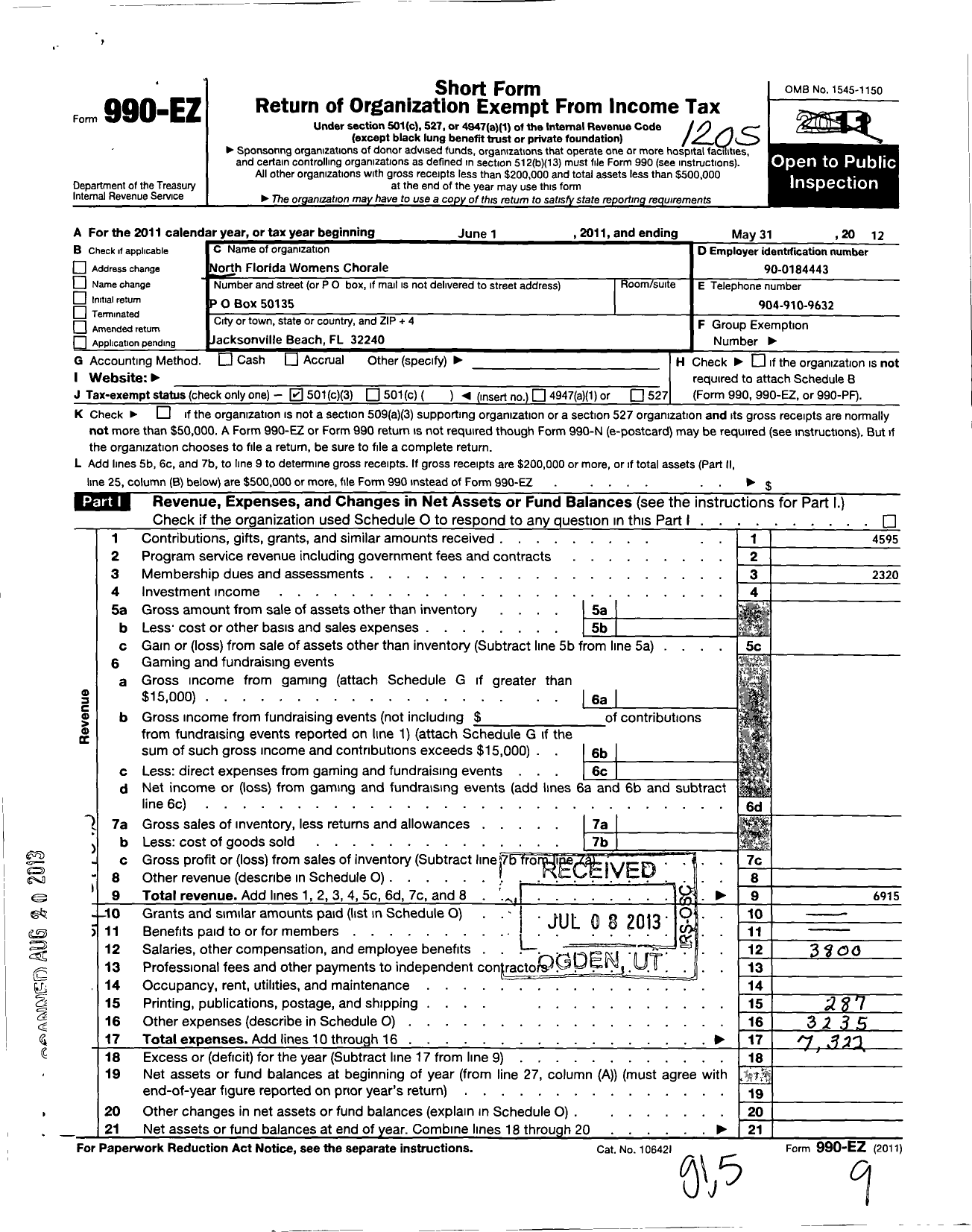 Image of first page of 2011 Form 990EZ for North Florida Womens Chorale