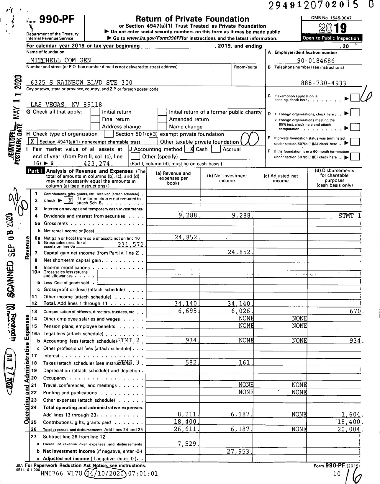 Image of first page of 2019 Form 990PR for Mitchell Com Gen